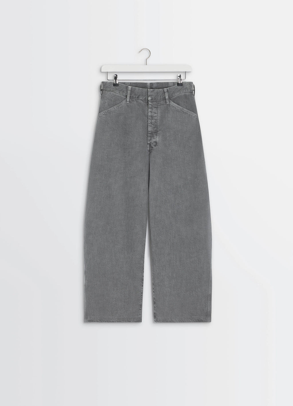 Lemaire Maxi Workwear Pants in Heather Garment Dyed Snow Heavy Den, product shot, top down flat lay wide leg, thick denim tex