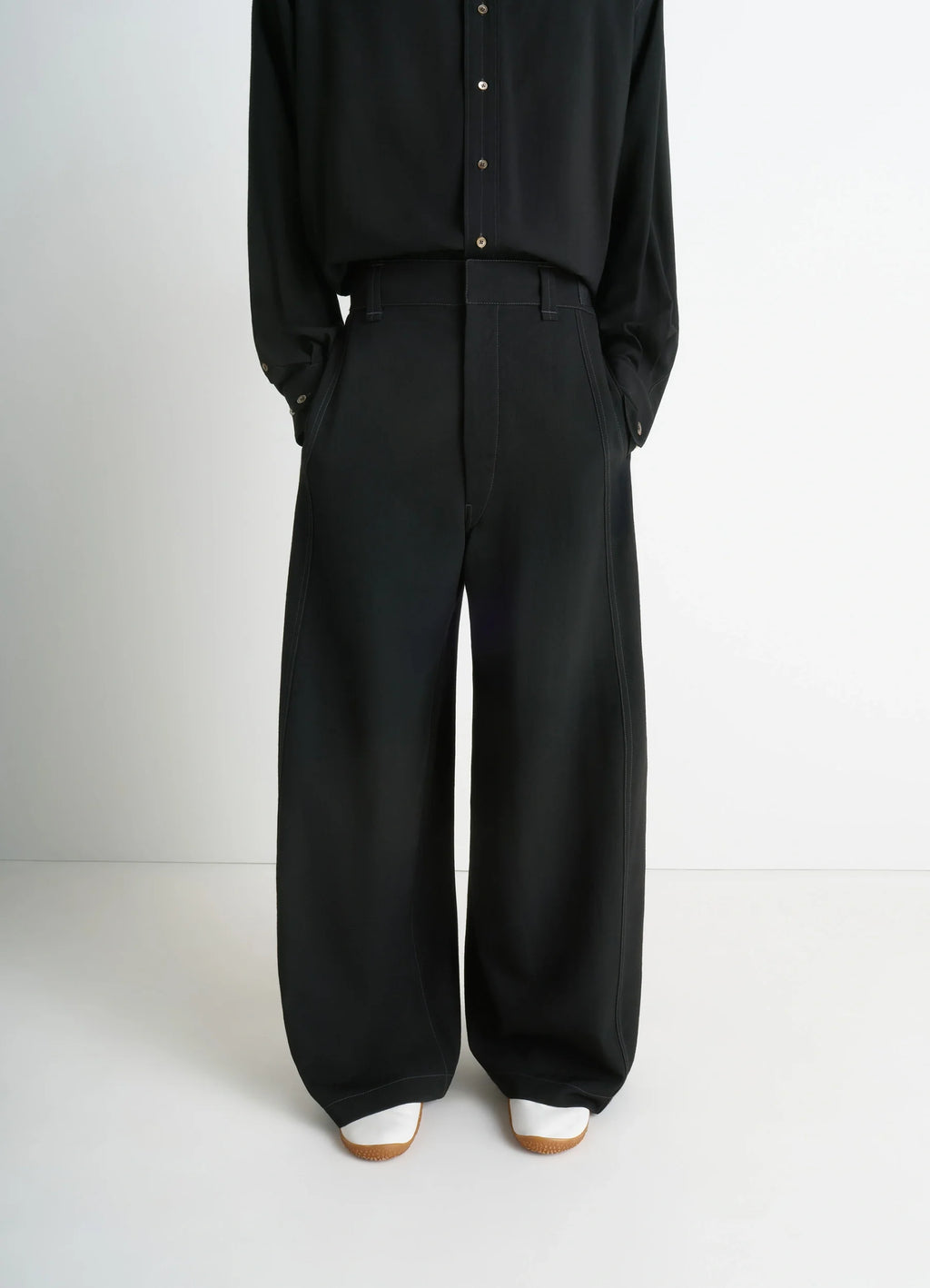 Maxi Utility Pants in Soft Wool Twill, model shot, side view adjustable buckle tabs