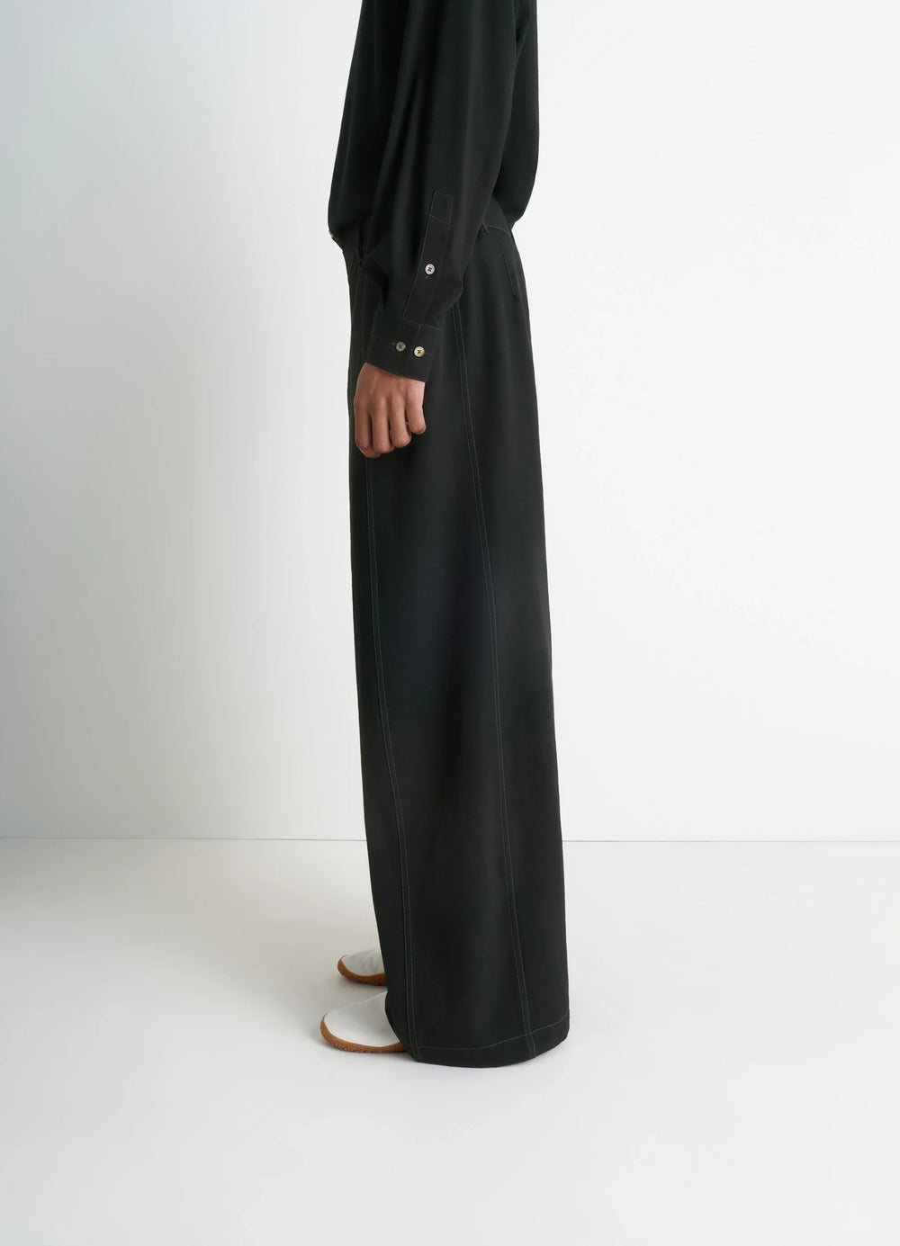 Maxi Utility Pants in Soft Wool Twill, model shot, three-quarter view high waist, long length