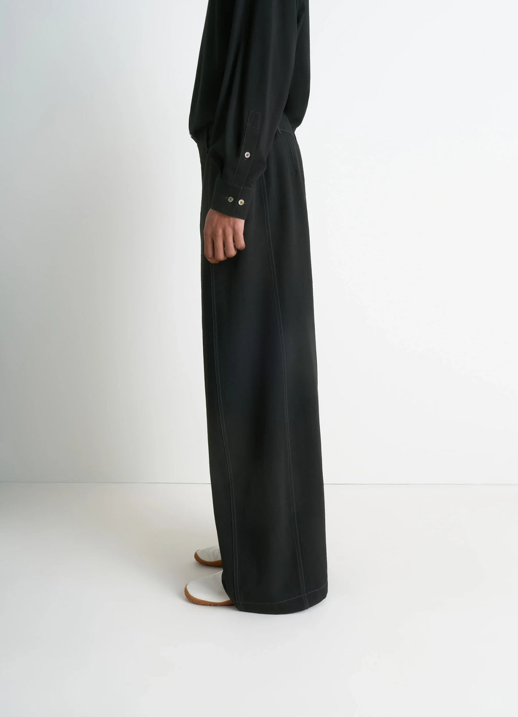 Maxi Utility Pants in Soft Wool Twill, model shot, three-quarter view high waist, long length