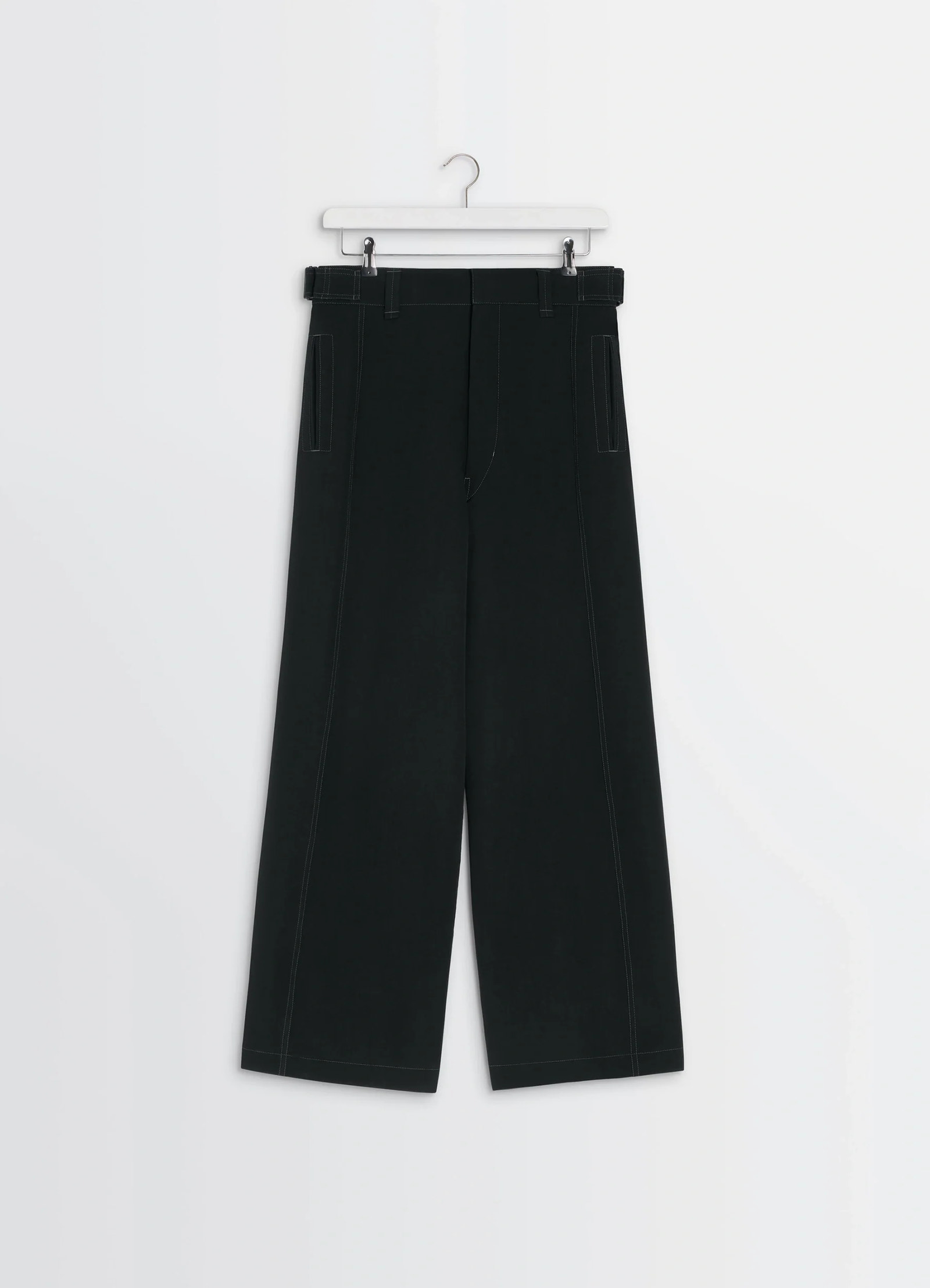 Maxi utility pants in soft wool twill, product shot, hanging view straight leg with pleats