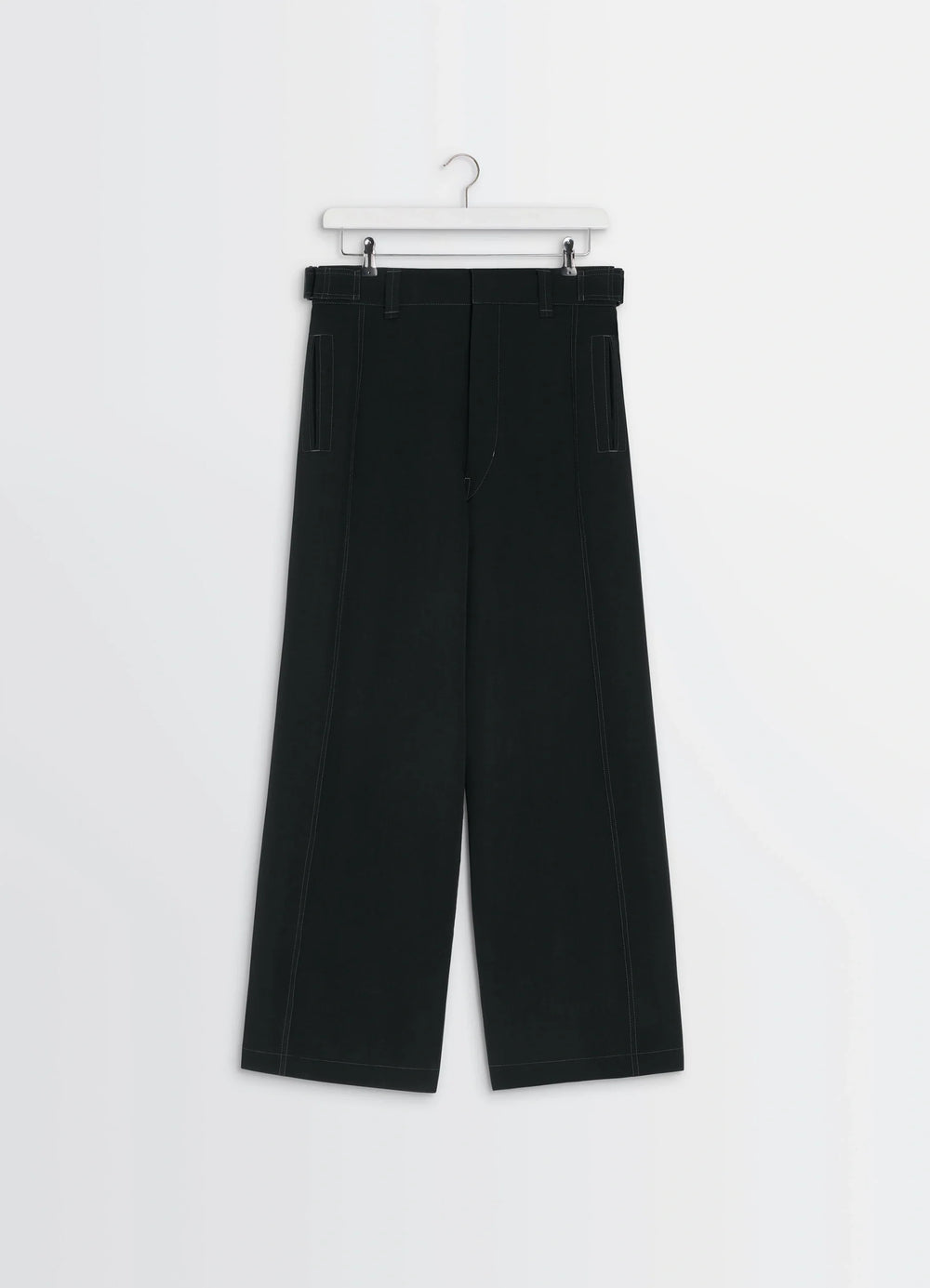 Maxi Utility Pants in Soft Wool Twill, product shot, hanging view straight leg with pleats