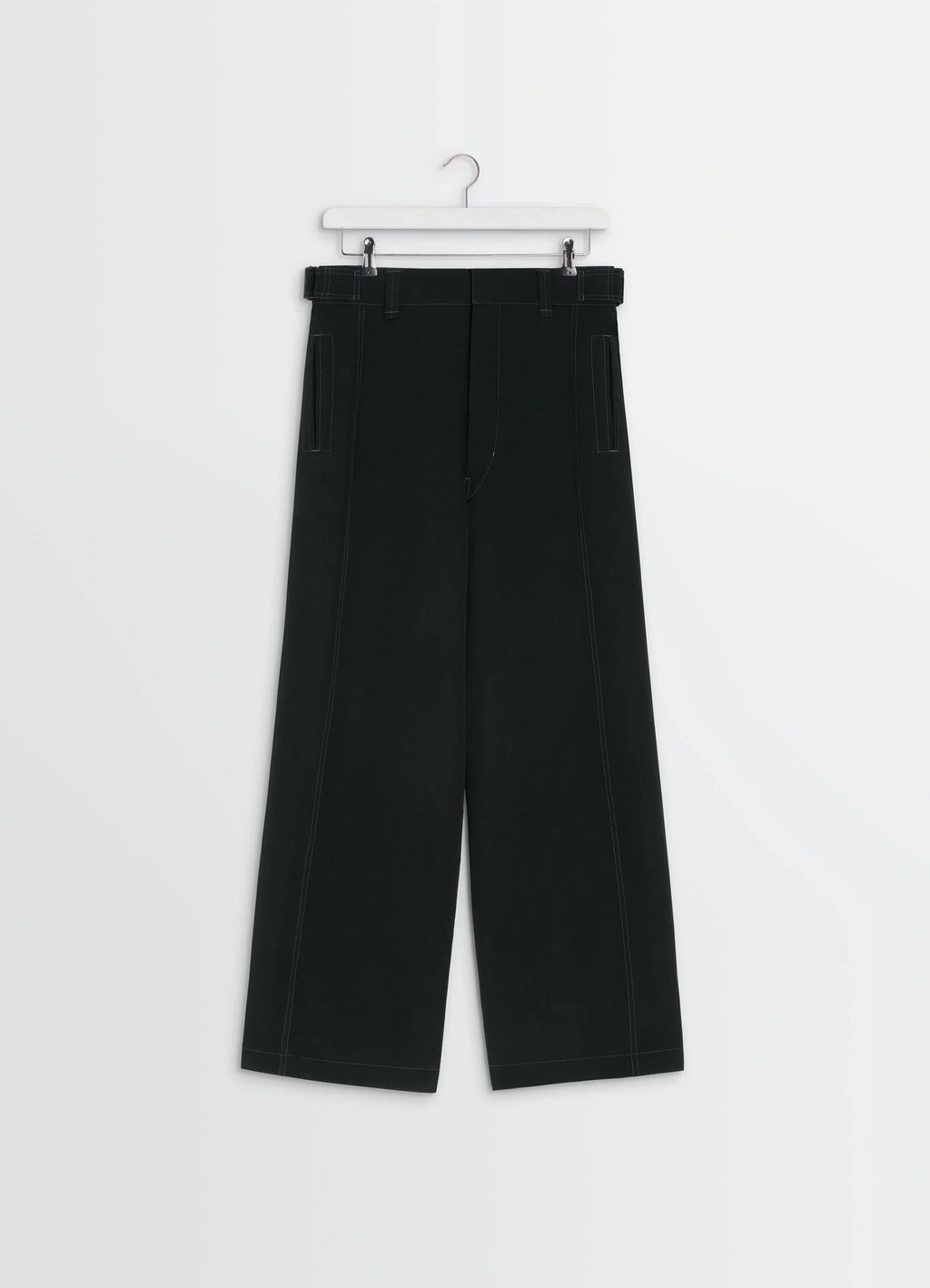 Maxi Utility Pants in Soft Wool Twill, product shot, hanging view straight leg with pleats