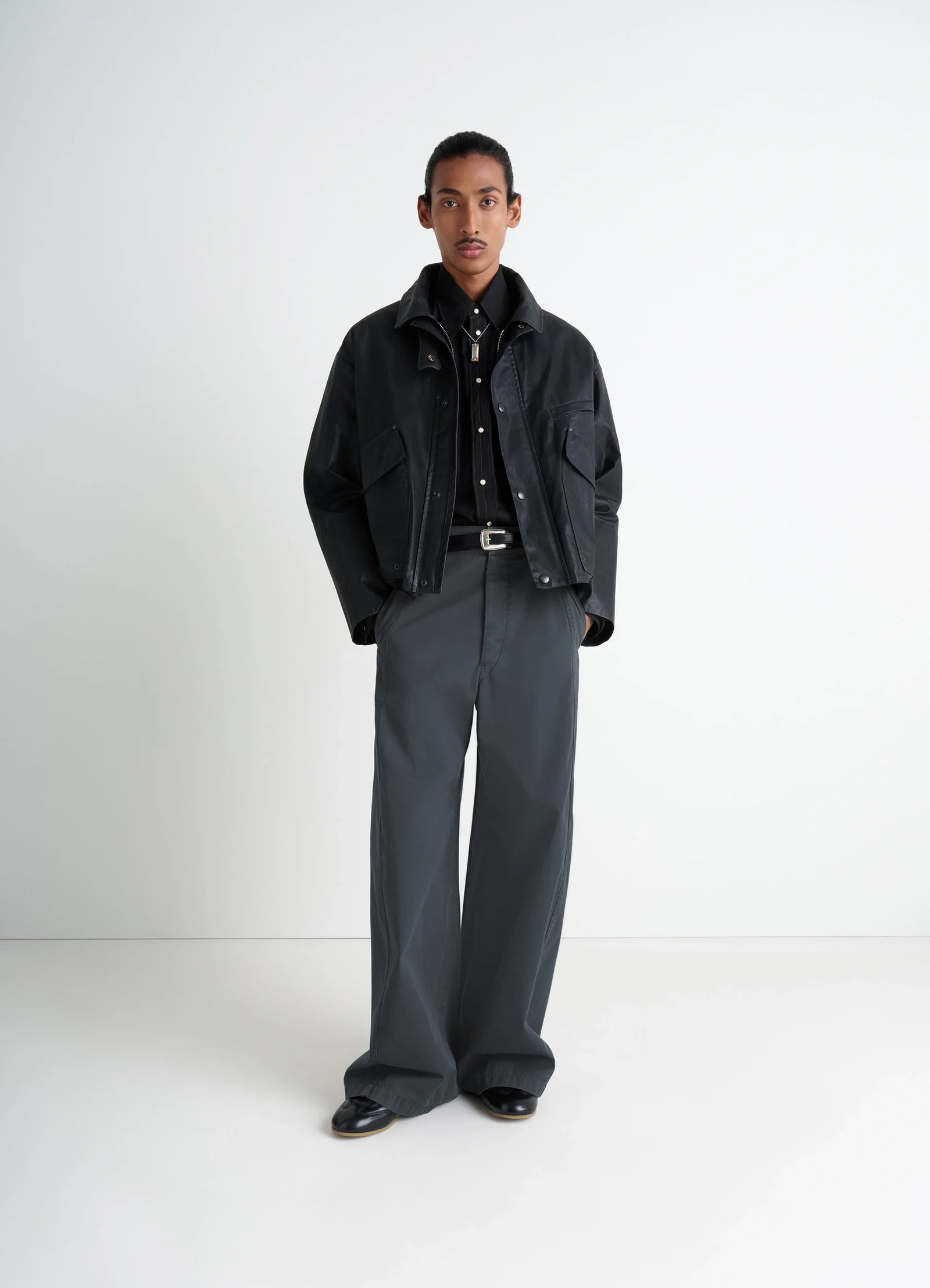 Maxi utility pants in garment dyed compact cotton twill, model shot, front view wide leg