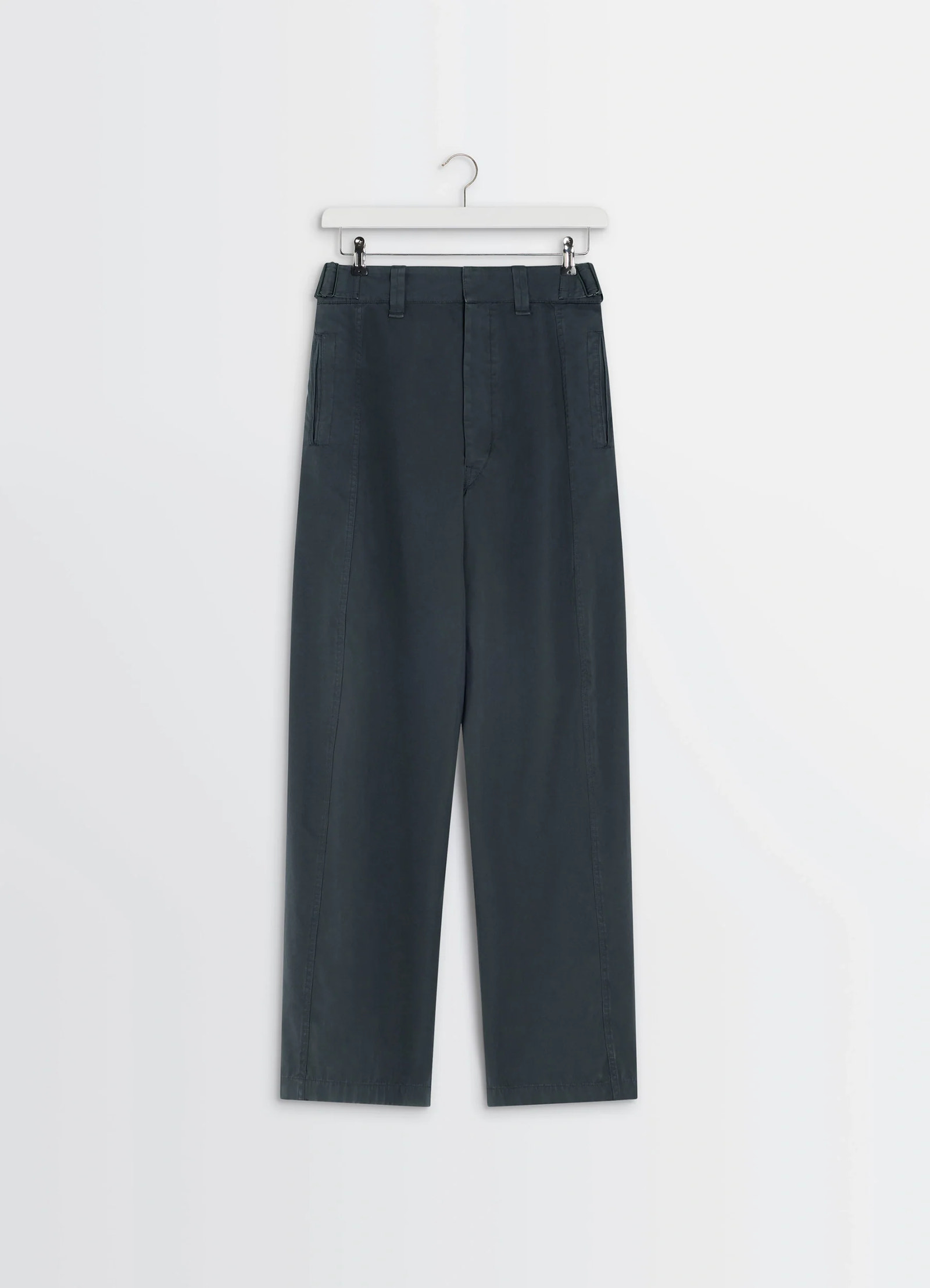 Maxi utility pants in garment dyed compact cotton twill, product shot, rear view straight leg, belt loops