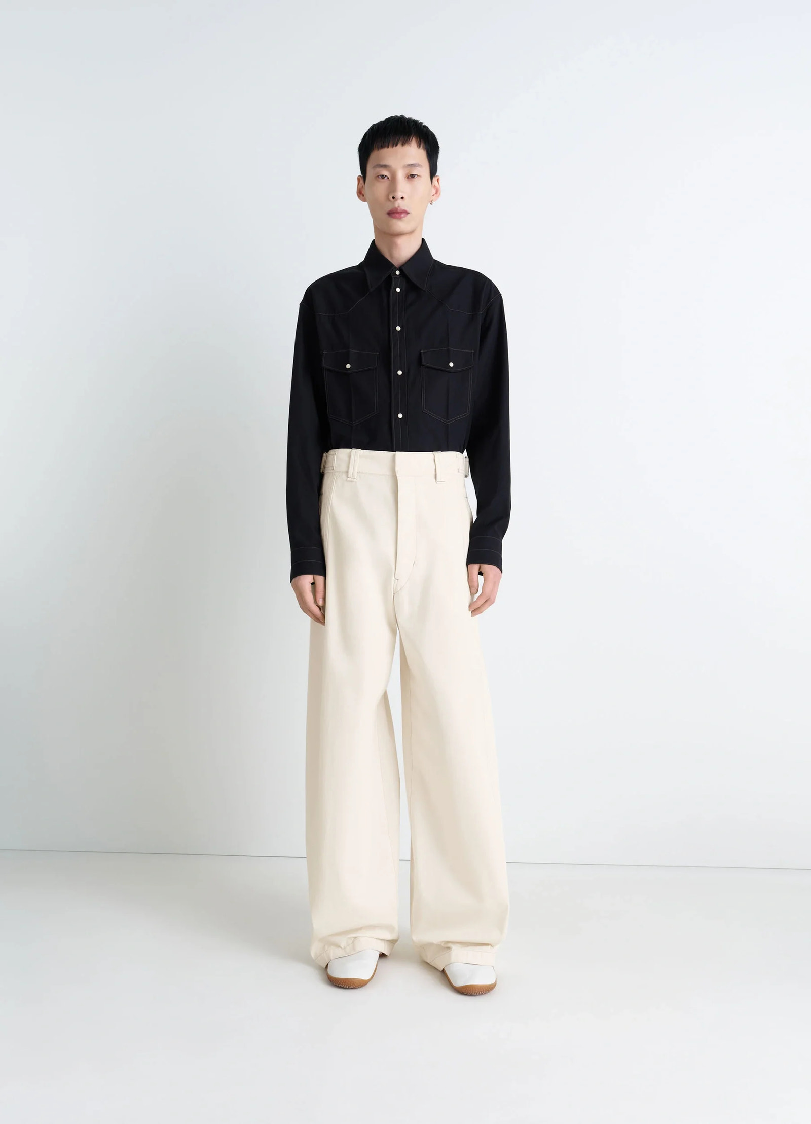 Maxi utility pants in garment dyed compact cotton twill, model shot, front view wide leg