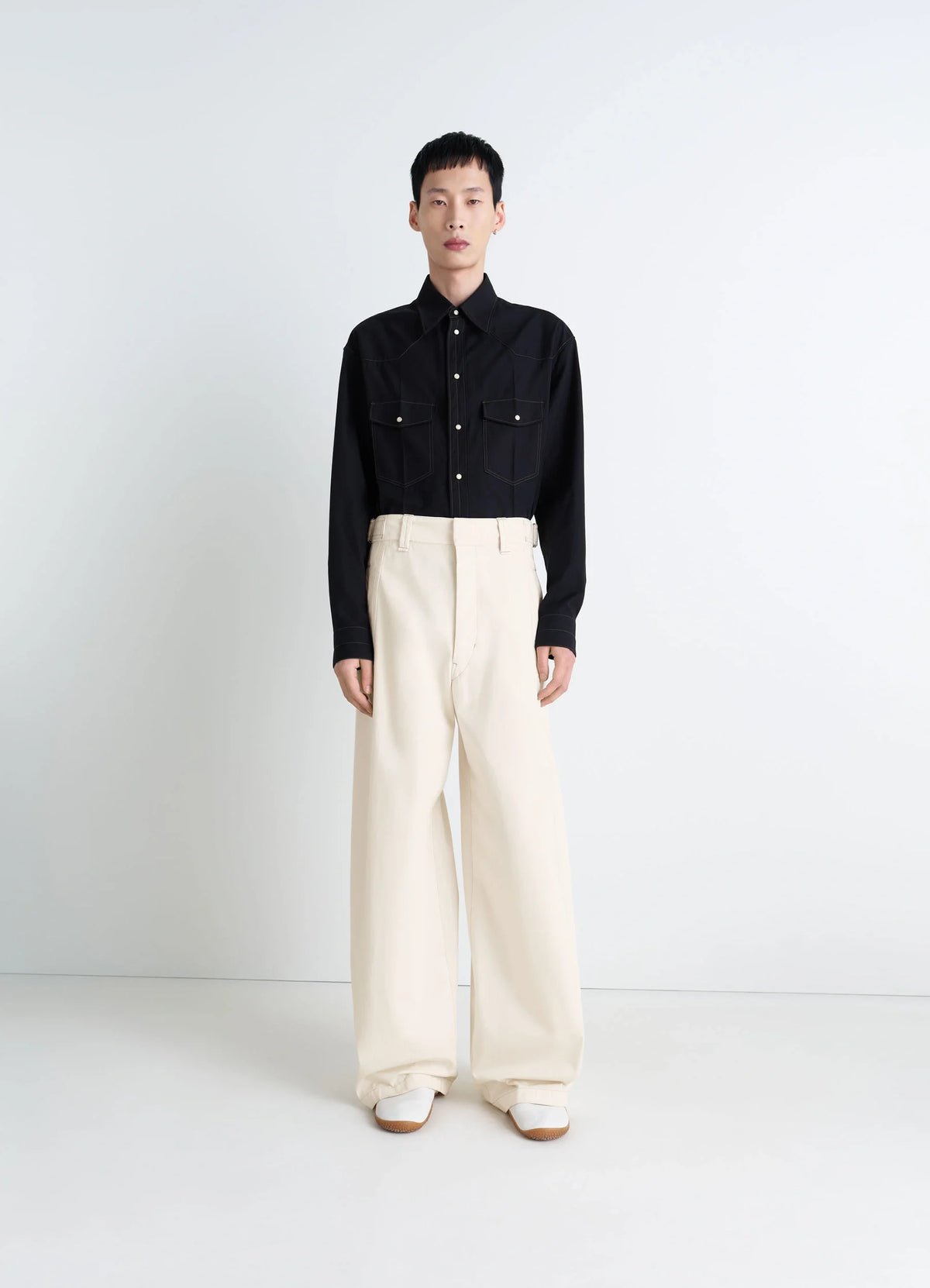 MAXI UTILITY PANTS in Garment Dyed compact cotton twill, model shot, front view wide leg