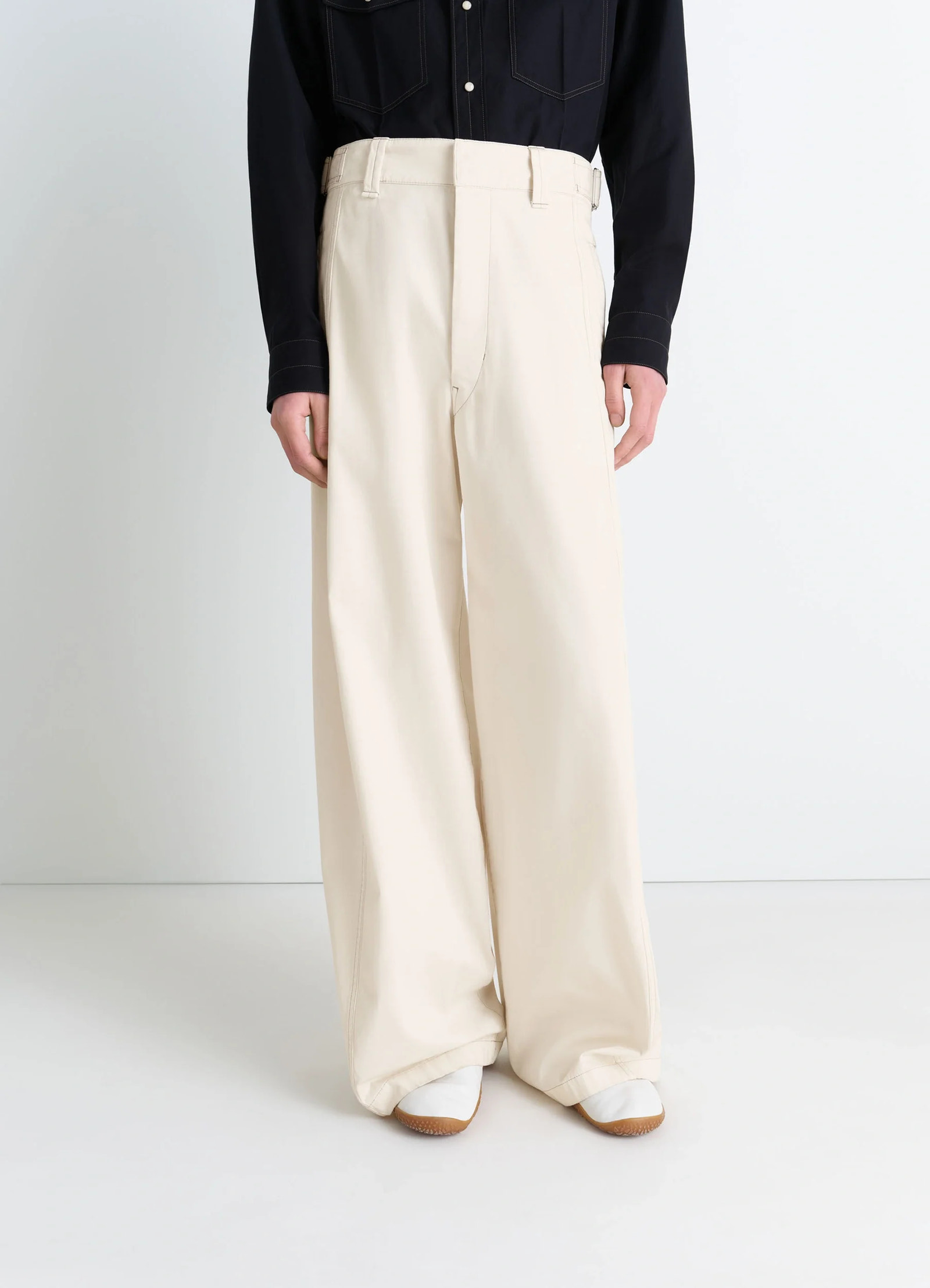 Maxi utility pants in garment dyed compact cotton twill, model shot, mid-length view extra wide leg