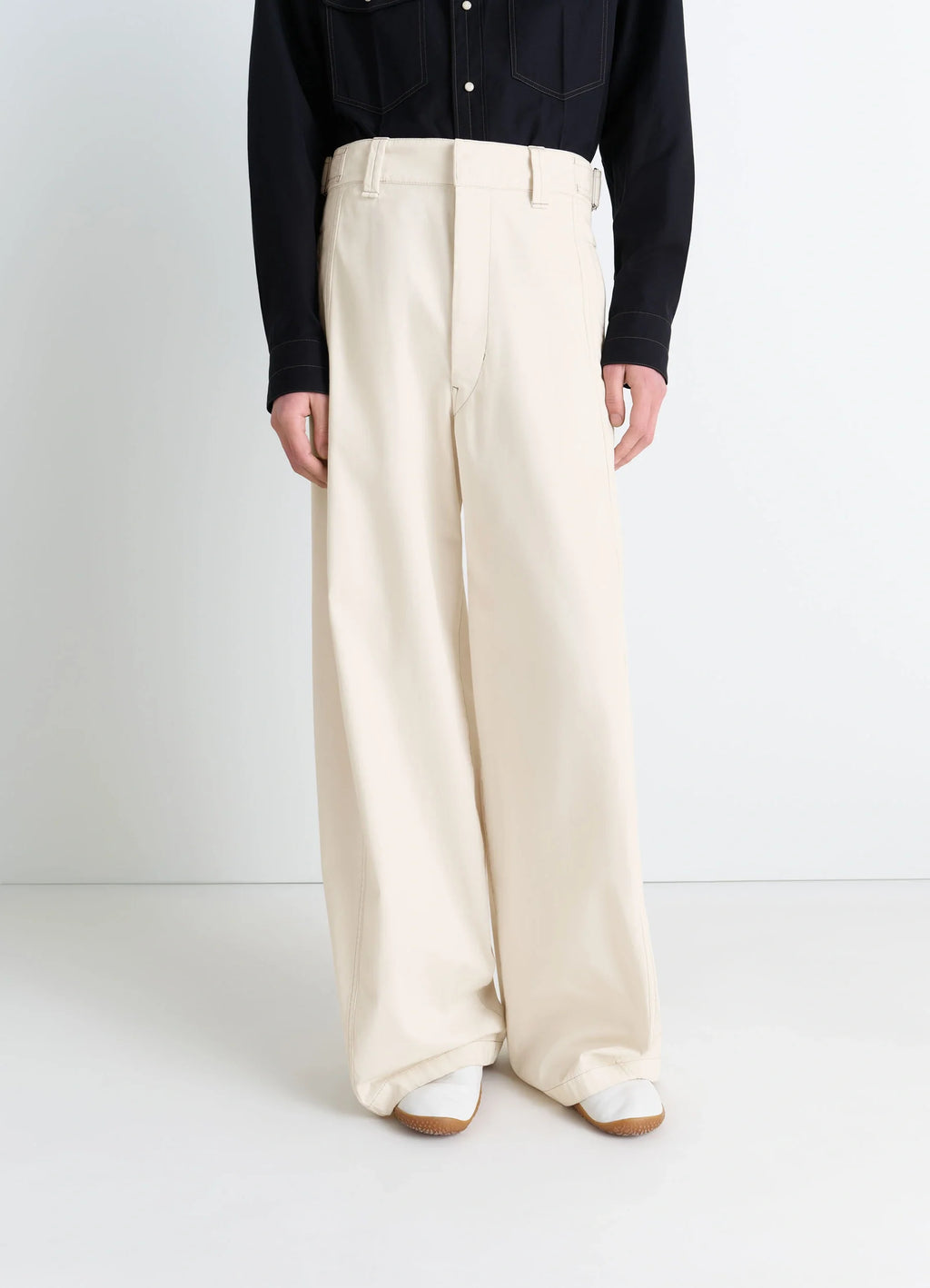 MAXI UTILITY PANTS in Garment Dyed compact cotton twill, model shot, mid-length view extra wide leg