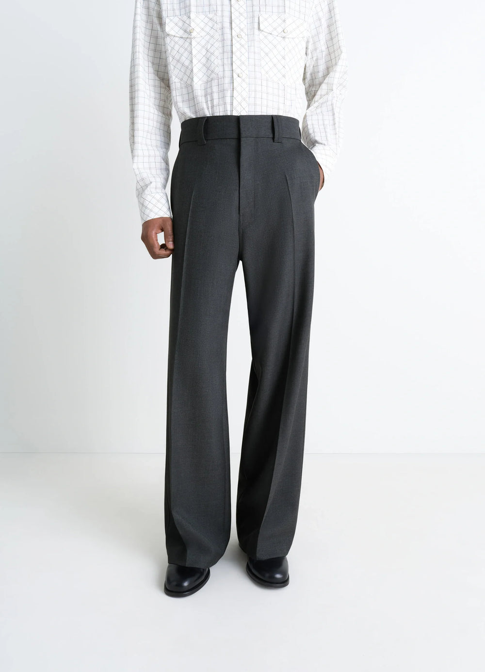 Lemaire Straight Tailored Pants in Grey Wool-Blend Suit Fabric, model shot, side view pleated side drape