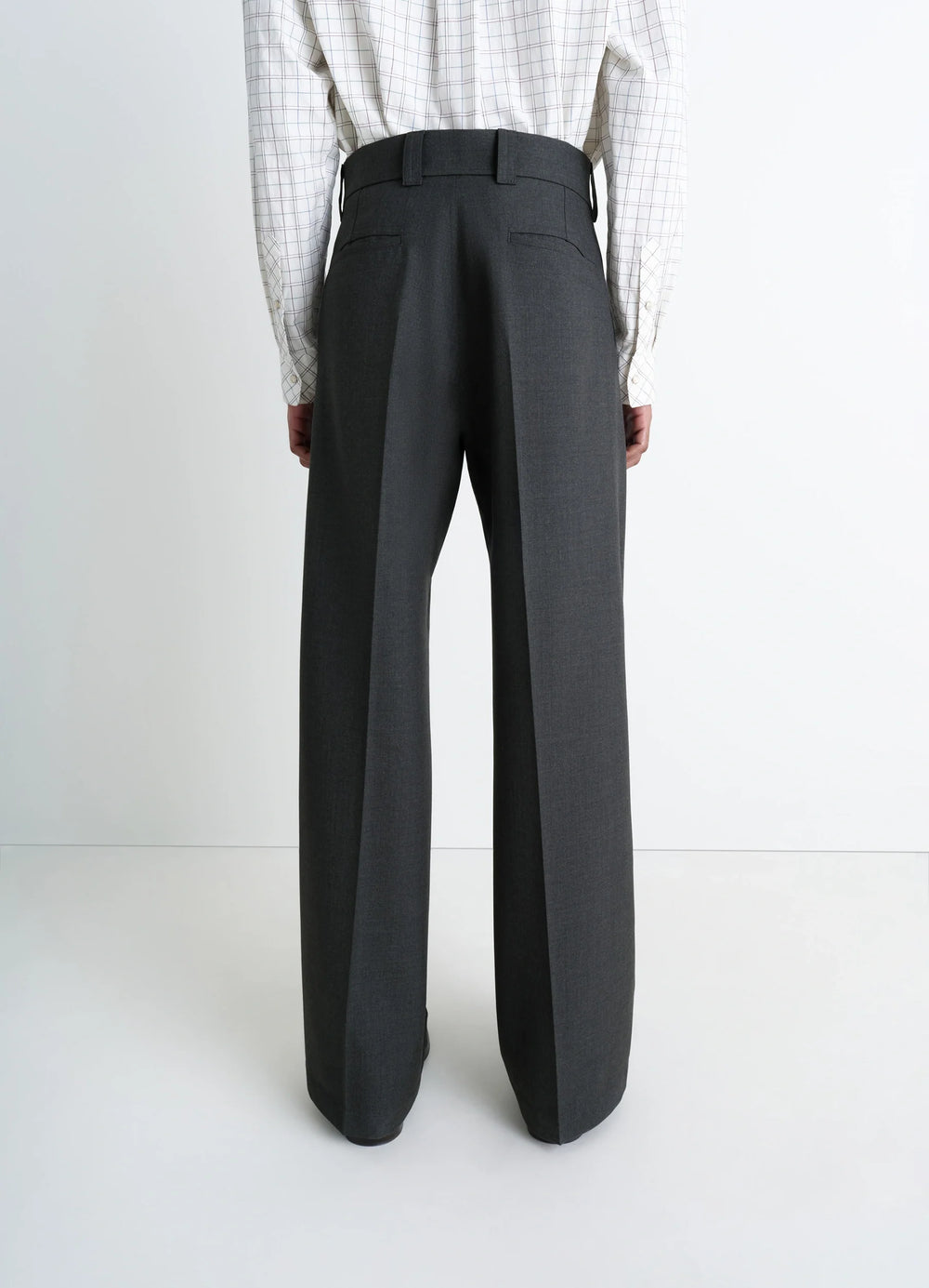 Lemaire Straight Tailored Pants in Grey Wool-Blend Suit Fabric, model shot, rear detail shot belt loops and pockets
