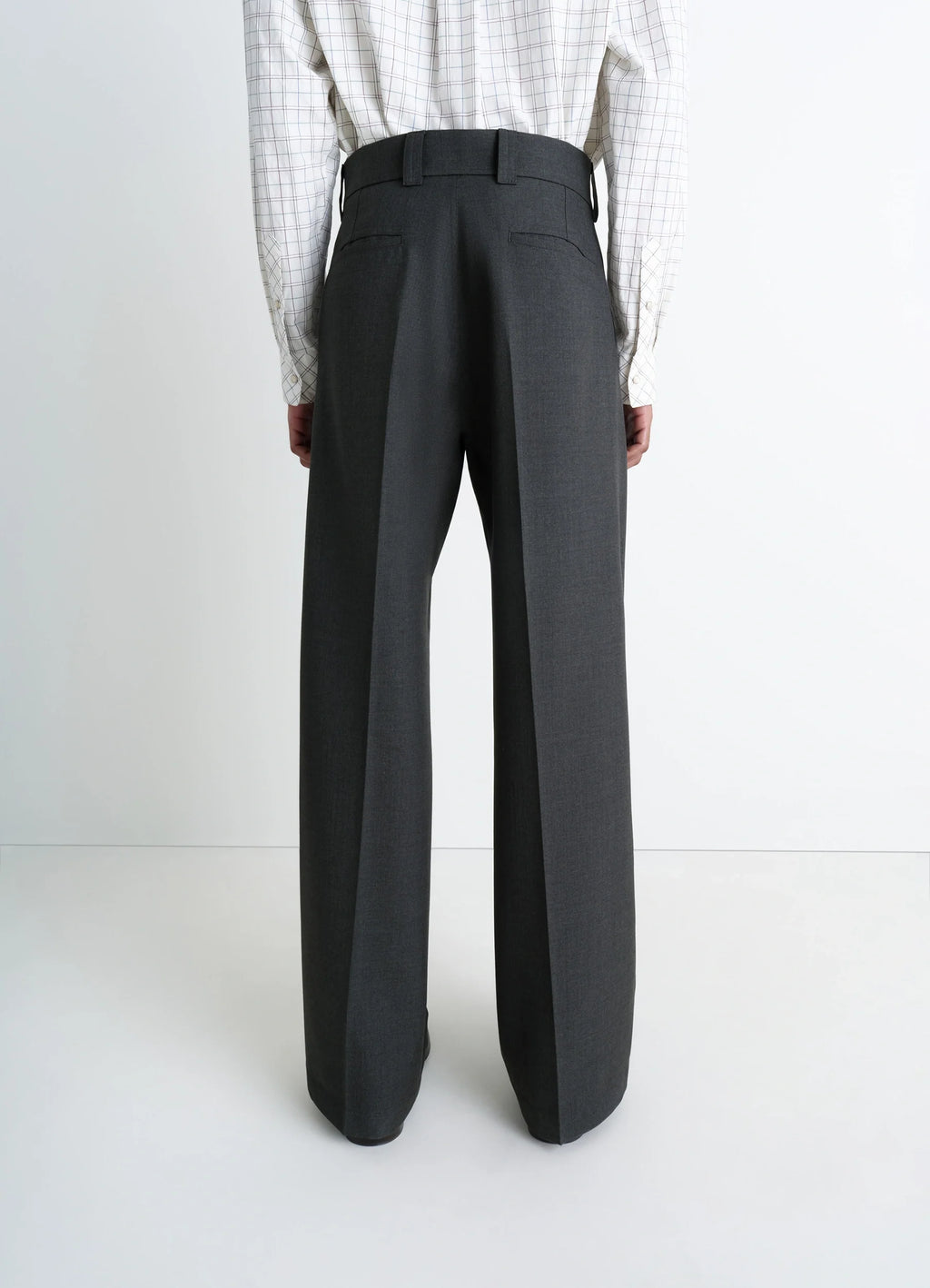 Lemaire Straight Tailored Pants in Grey Wool-Blend Suit Fabric, model shot, rear detail shot belt loops and pockets