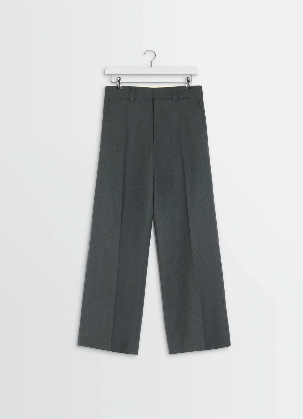 Lemaire Straight Tailored Pants in Grey Wool-Blend Suit Fabric, product shot, top-down view wide leg hanging view