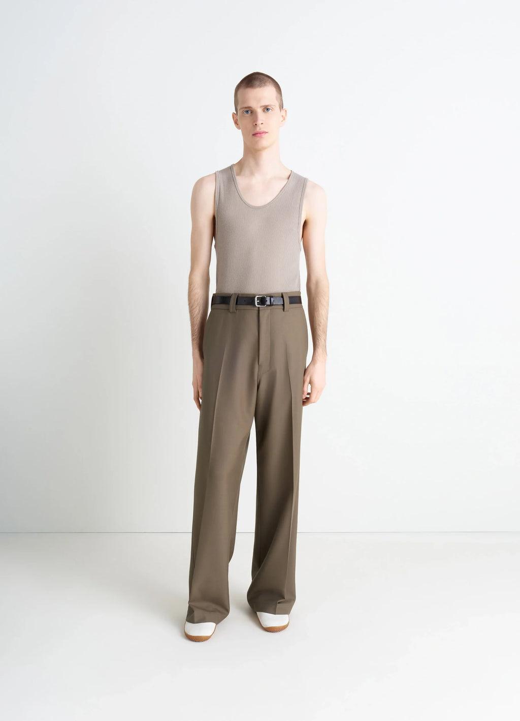 Straight Tailored Pants in Wool-blend in Twill Weave, model shot, full body view pleated with belt