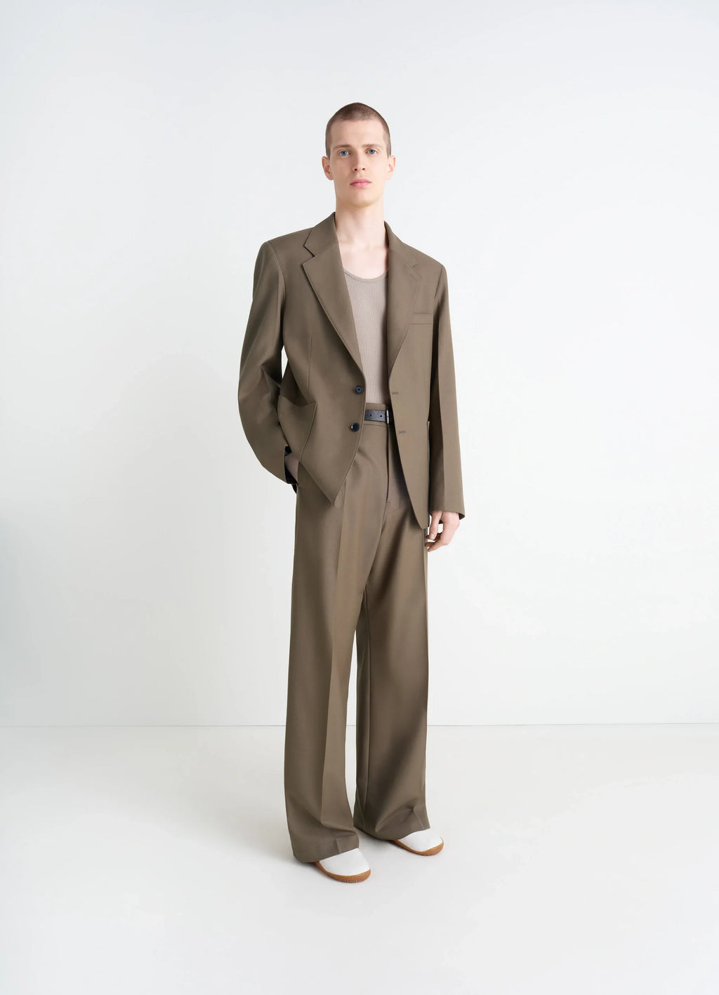 Straight Tailored Pants in Wool-blend in Twill Weave, model shot, three-quarter view relaxed drape