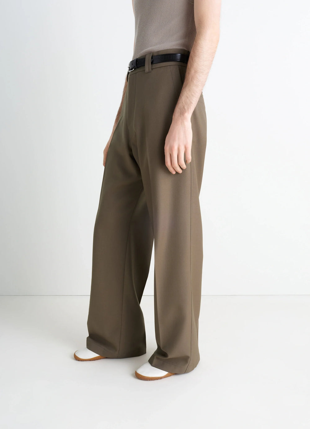 Straight Tailored Pants in Wool-blend in Twill Weave, model shot, side view belted wide leg