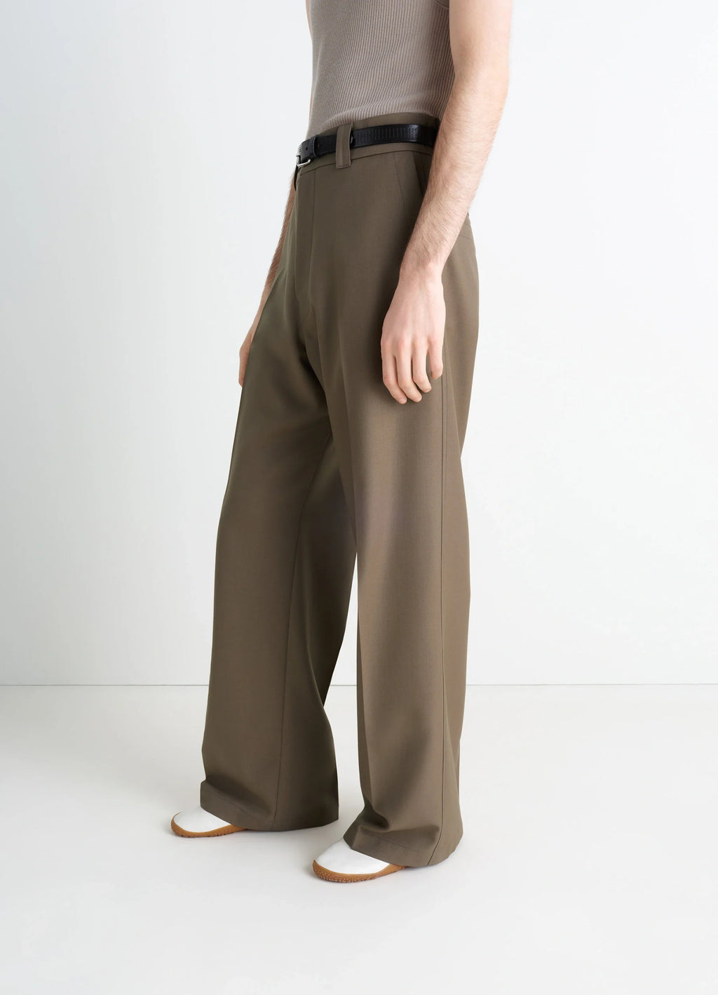 Straight Tailored Pants in Wool-blend in Twill Weave, model shot, side view belted wide leg