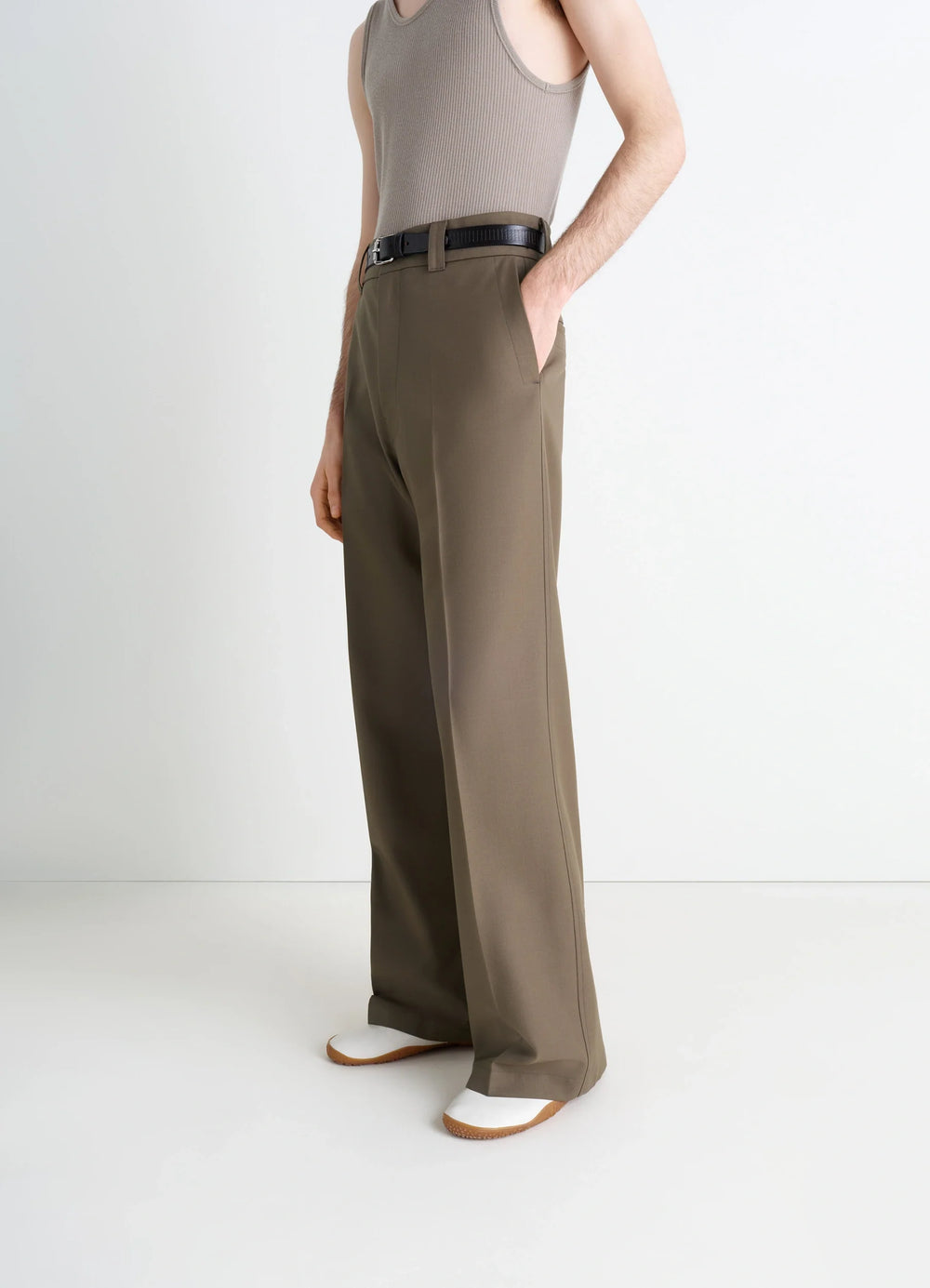 Straight Tailored Pants in Wool-blend in Twill Weave, model shot, waist-down perspective straight wide leg