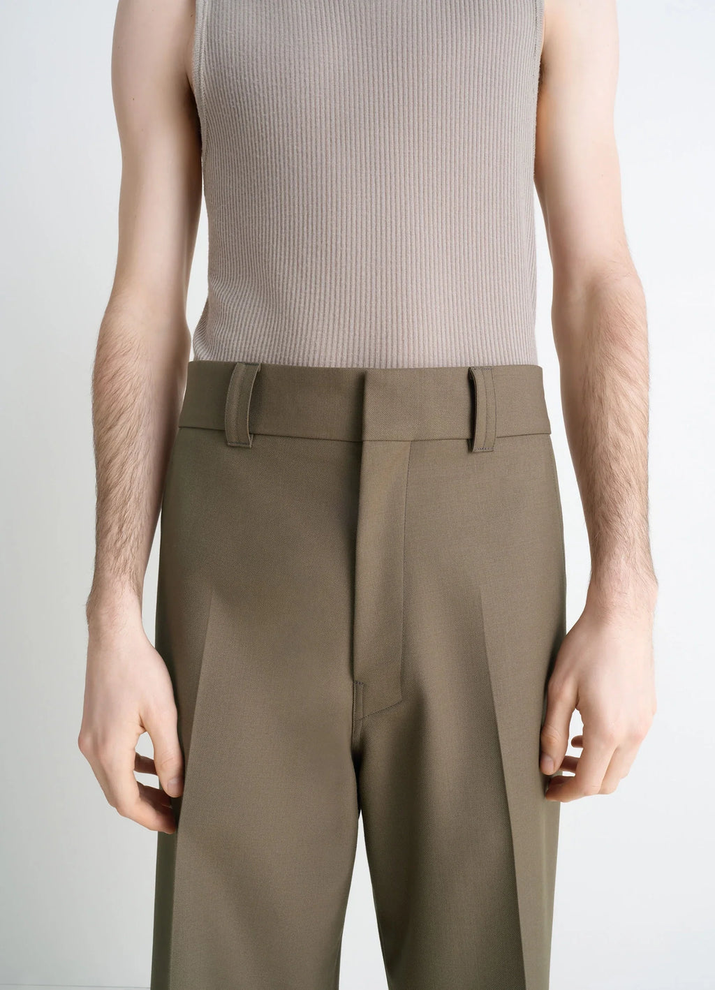 Straight Tailored Pants in Wool-blend in Twill Weave, model shot, waist-up perspective straight fitted waistband