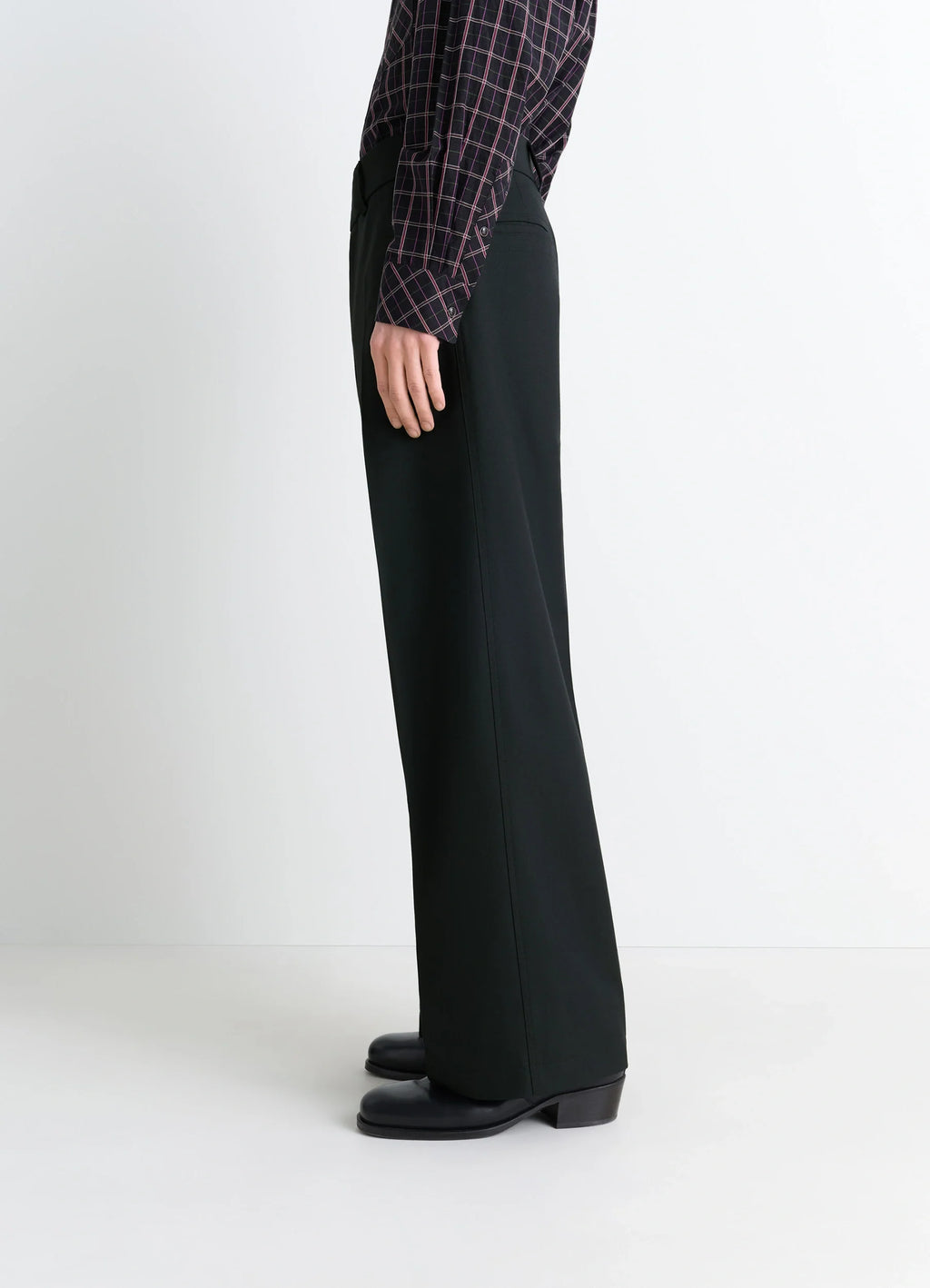 Straight Tailored Pants in Wool-blend fabric, model shot, model left side view flared hem, clean drape