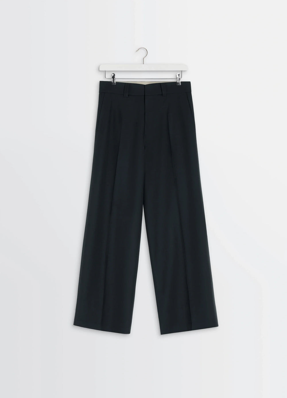 Straight Tailored Pants in Wool-blend fabric, product shot, hanging front view pleated wide leg