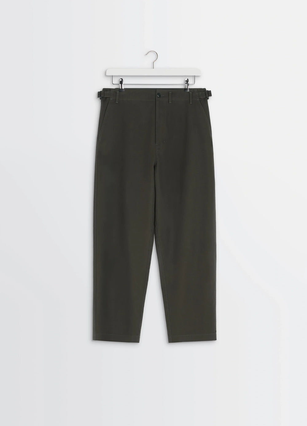 Lemaire Carrot Pants in Thick Cotton Twill, product shot, hanging front view straight hem waist details