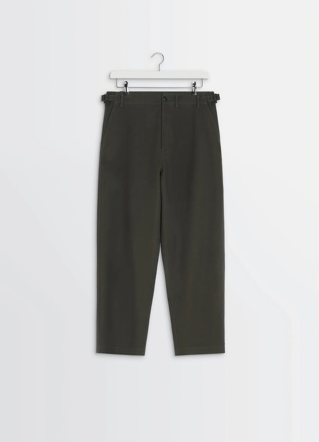 Lemaire Carrot Pants in Thick Cotton Twill, product shot, hanging front view straight hem waist details