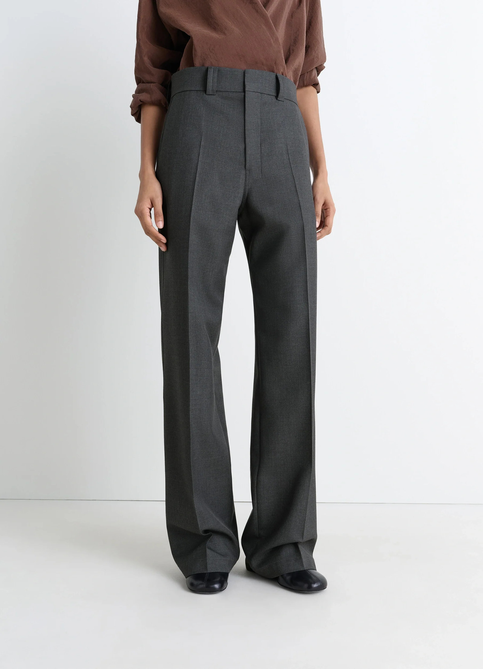 Straight tailored pants in grey wool-blend, model shot, side view high waist, crease front