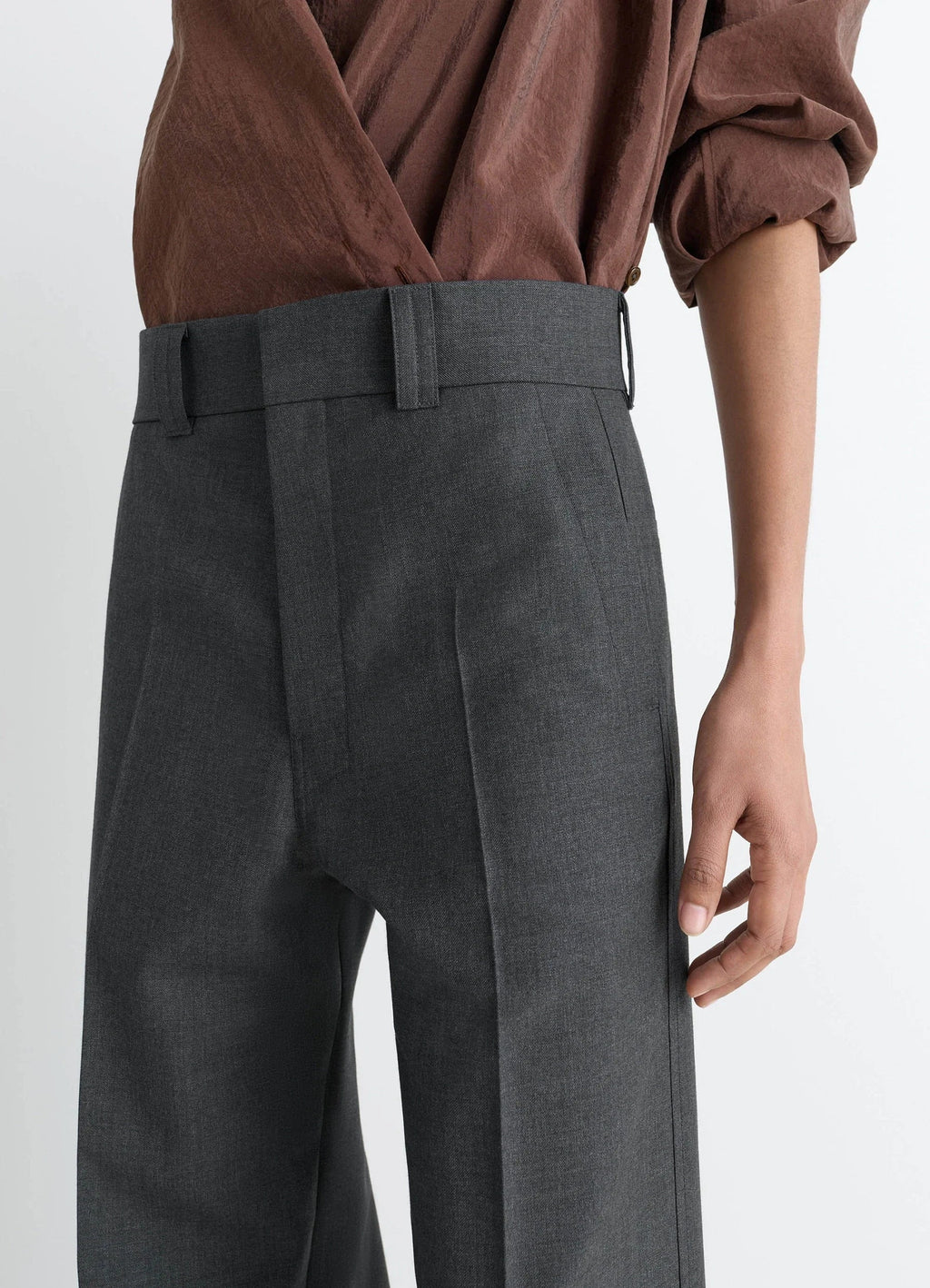 Straight Tailored Pants in Grey Wool-Blend, model shot, close-up detail belt loops, seam
