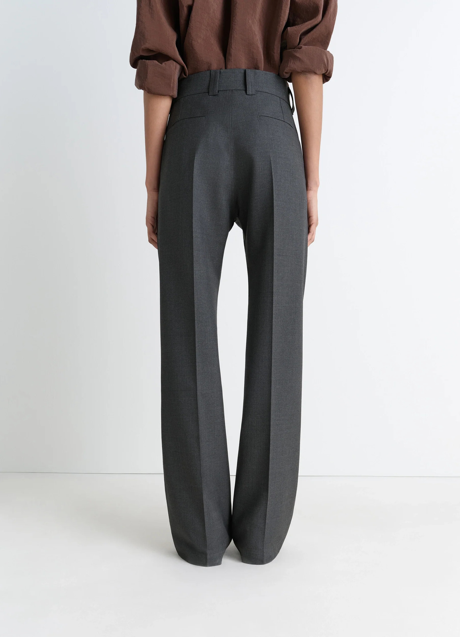 Straight tailored pants in grey wool-blend, model shot, back view back pockets, pleated