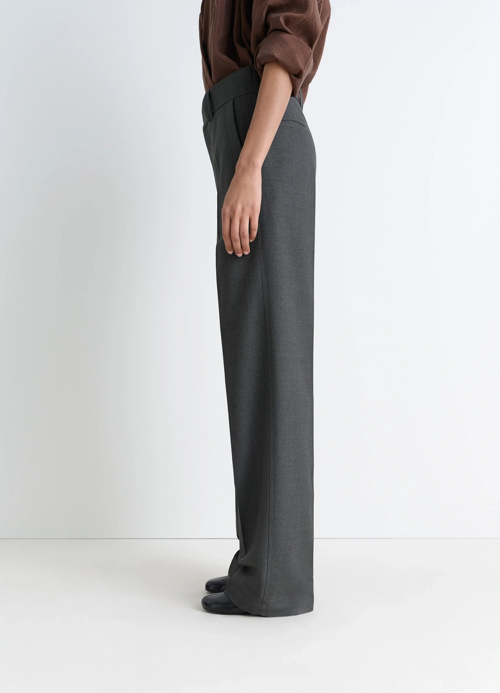Straight tailored pants in grey wool-blend, model shot, left side profile high waist, slim leg