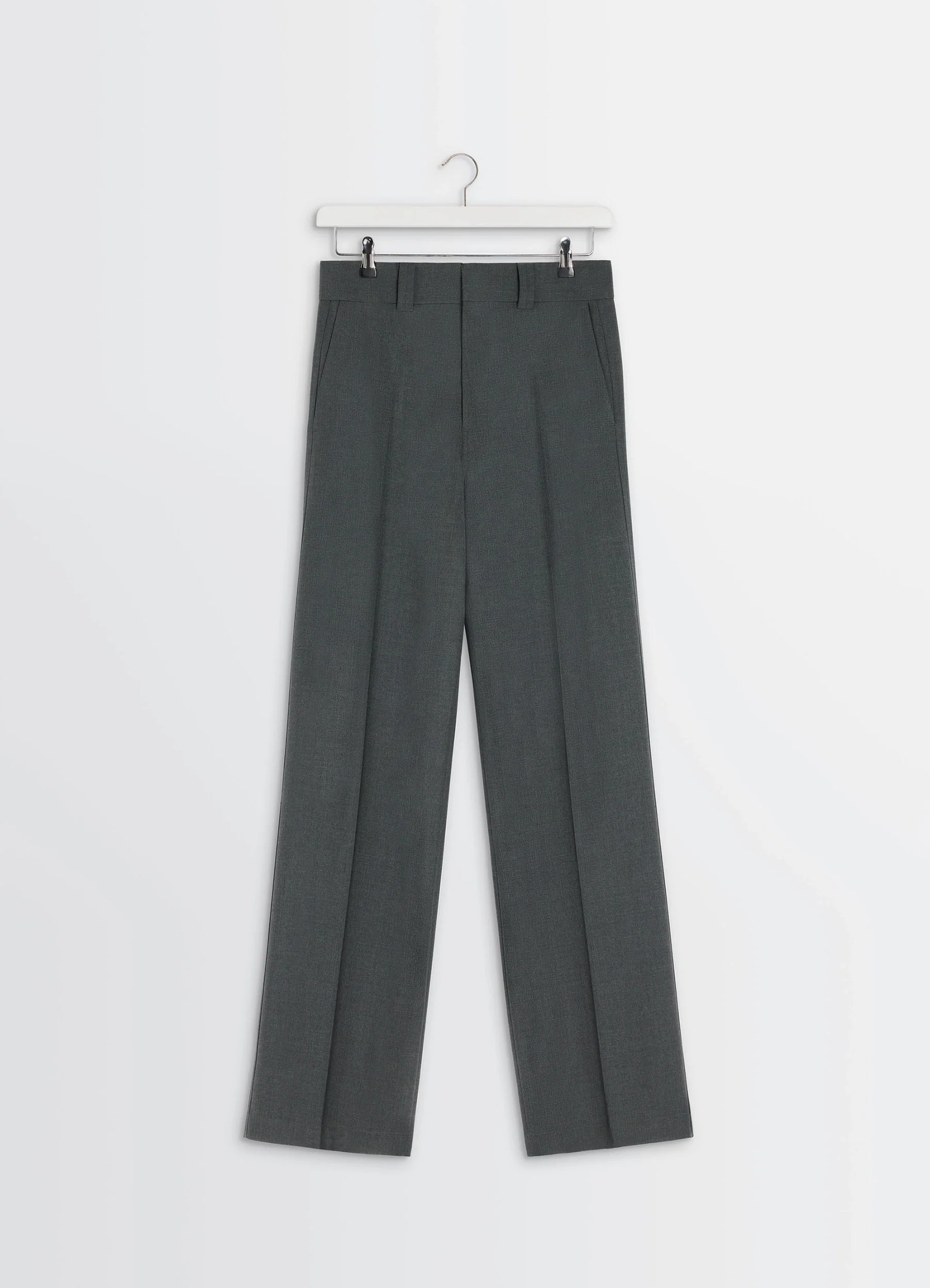 Straight tailored pants in grey wool-blend, product shot, hanging eye-level view tailored wool creases
