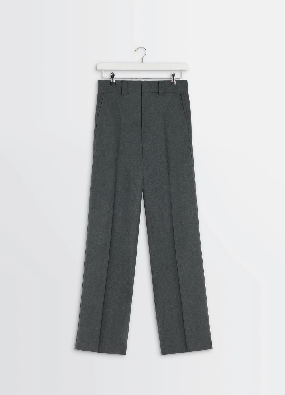 Straight Tailored Pants in Grey Wool-Blend, product shot, hanging eye-level view tailored wool creases