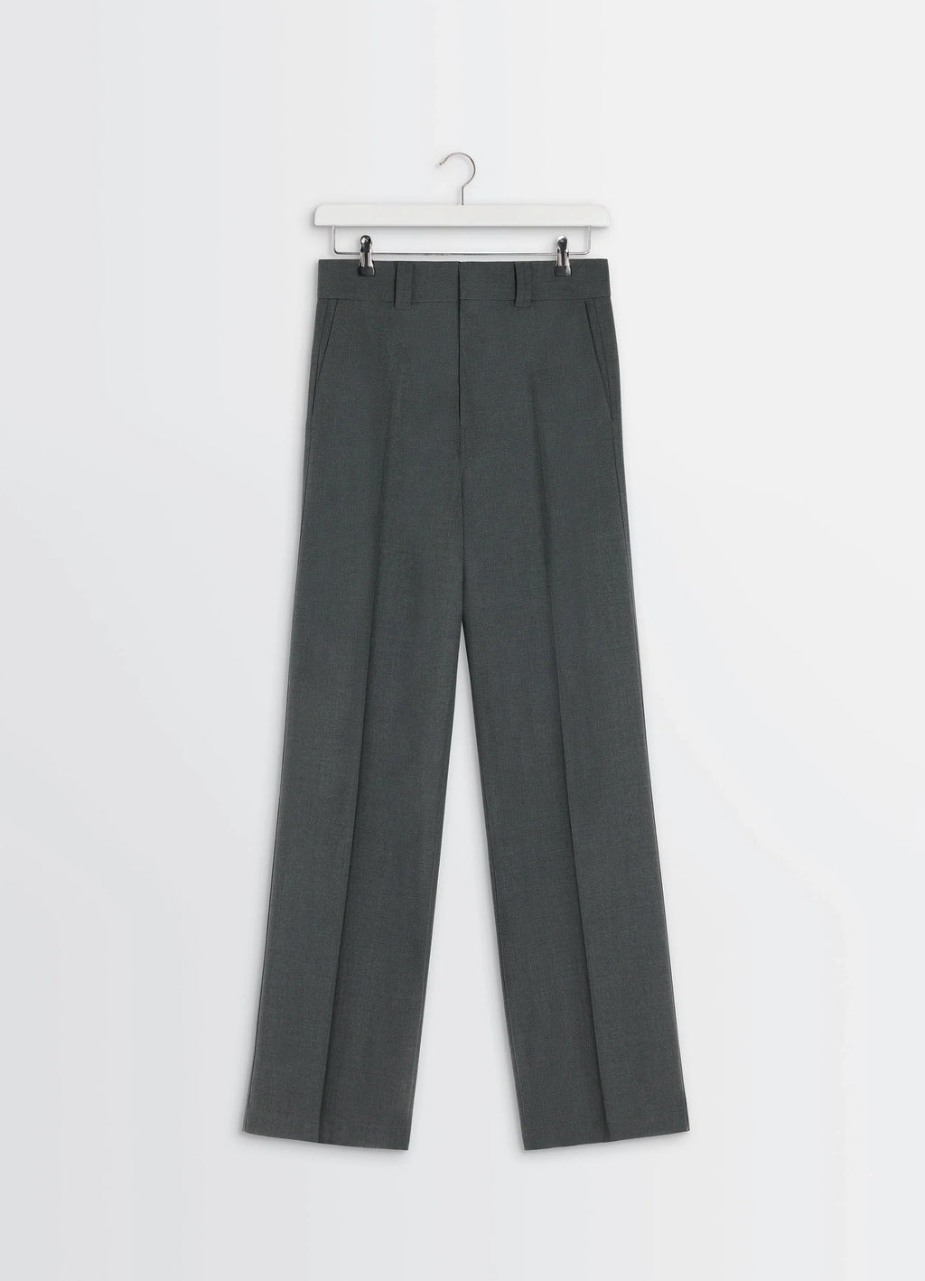 Straight Tailored Pants in Grey Wool-Blend, product shot, hanging eye-level view tailored wool creases