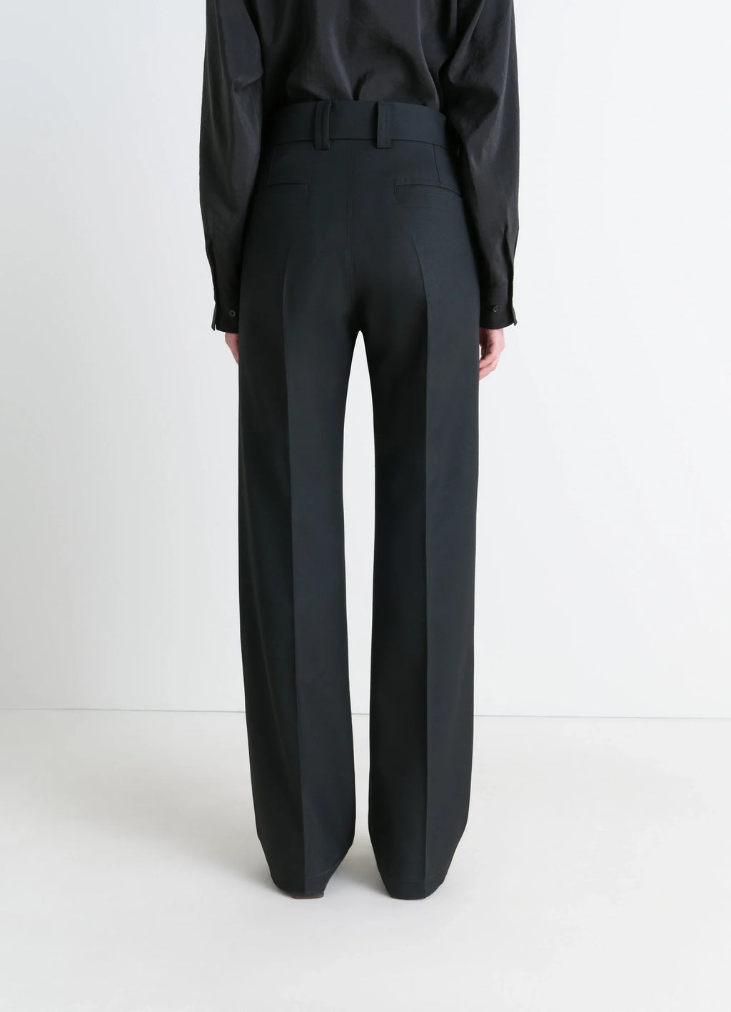 Straight Tailored Pants in Black Wool-Blend, model shot, back view straight fit, belt loops