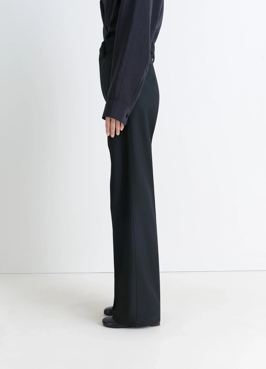 Straight Tailored Pants in Black Wool-Blend, model shot, mid side view wide hem, relaxed fit
