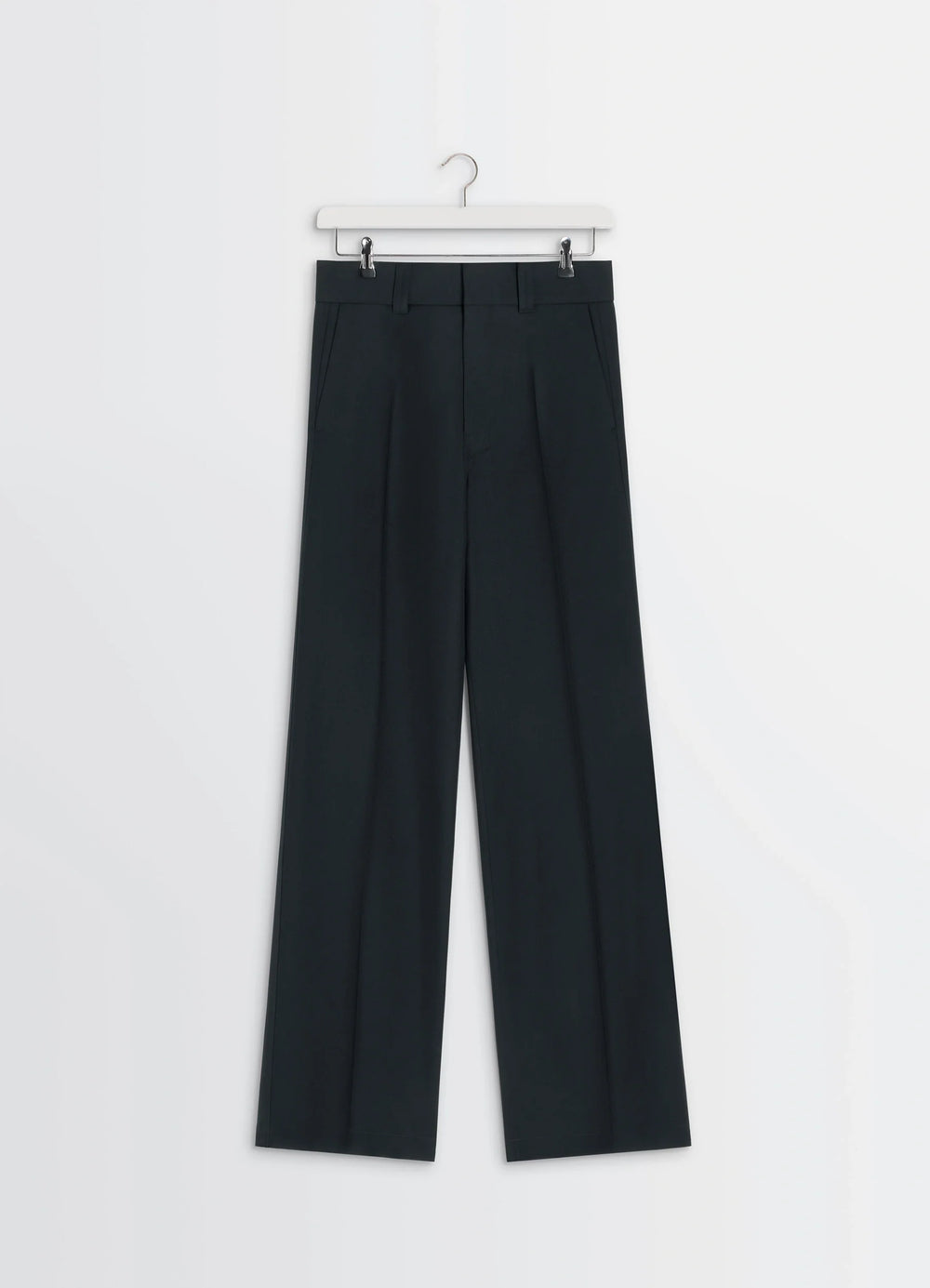 Straight Tailored Pants in Black Wool-Blend, product shot, hanger shot pleated front detail