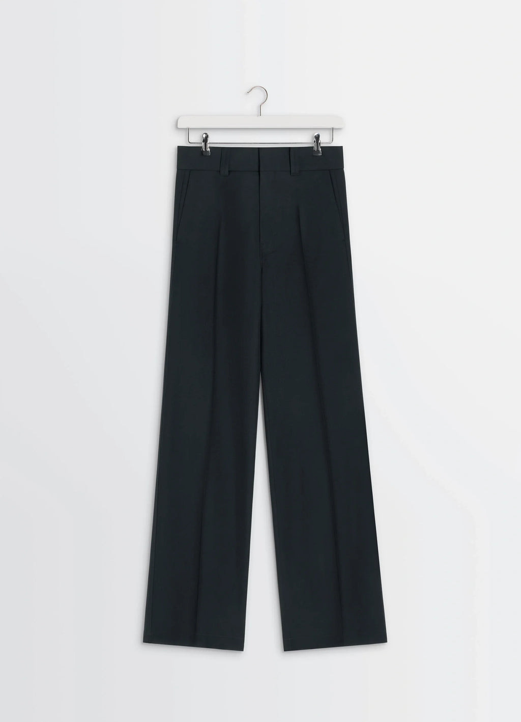 Straight Tailored Pants in Black Wool-Blend, product shot, hanger shot pleated front detail