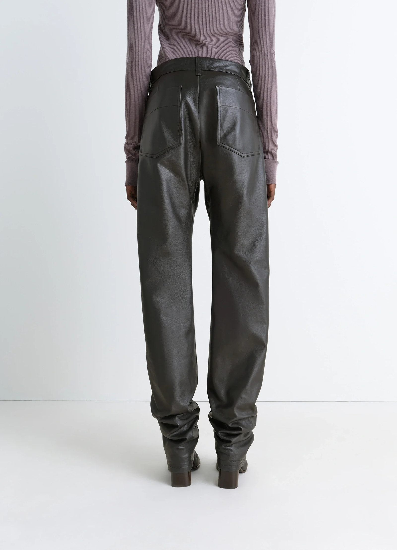 Lemaire leather five pockets twiste in nappa cow leather, model shot, back view slightly gathered hem