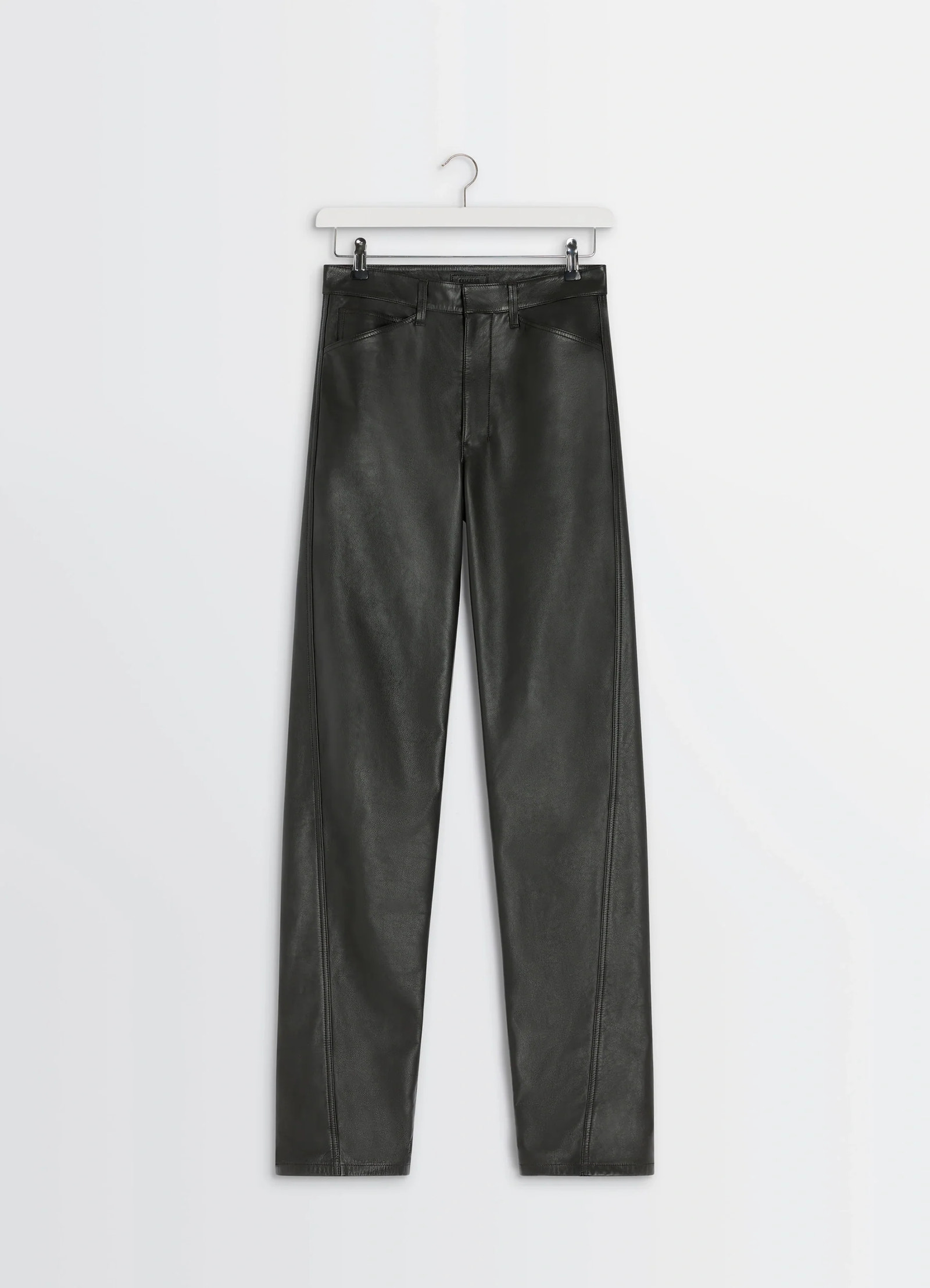 Lemaire leather five pockets twiste in nappa cow leather, product shot, hanging display straight leg hanging