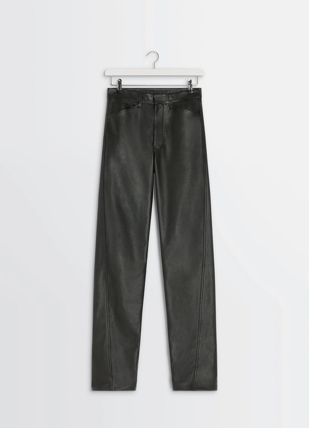 Lemaire Leather Five Pockets Twiste in Nappa cow leather, product shot, hanging display straight leg hanging