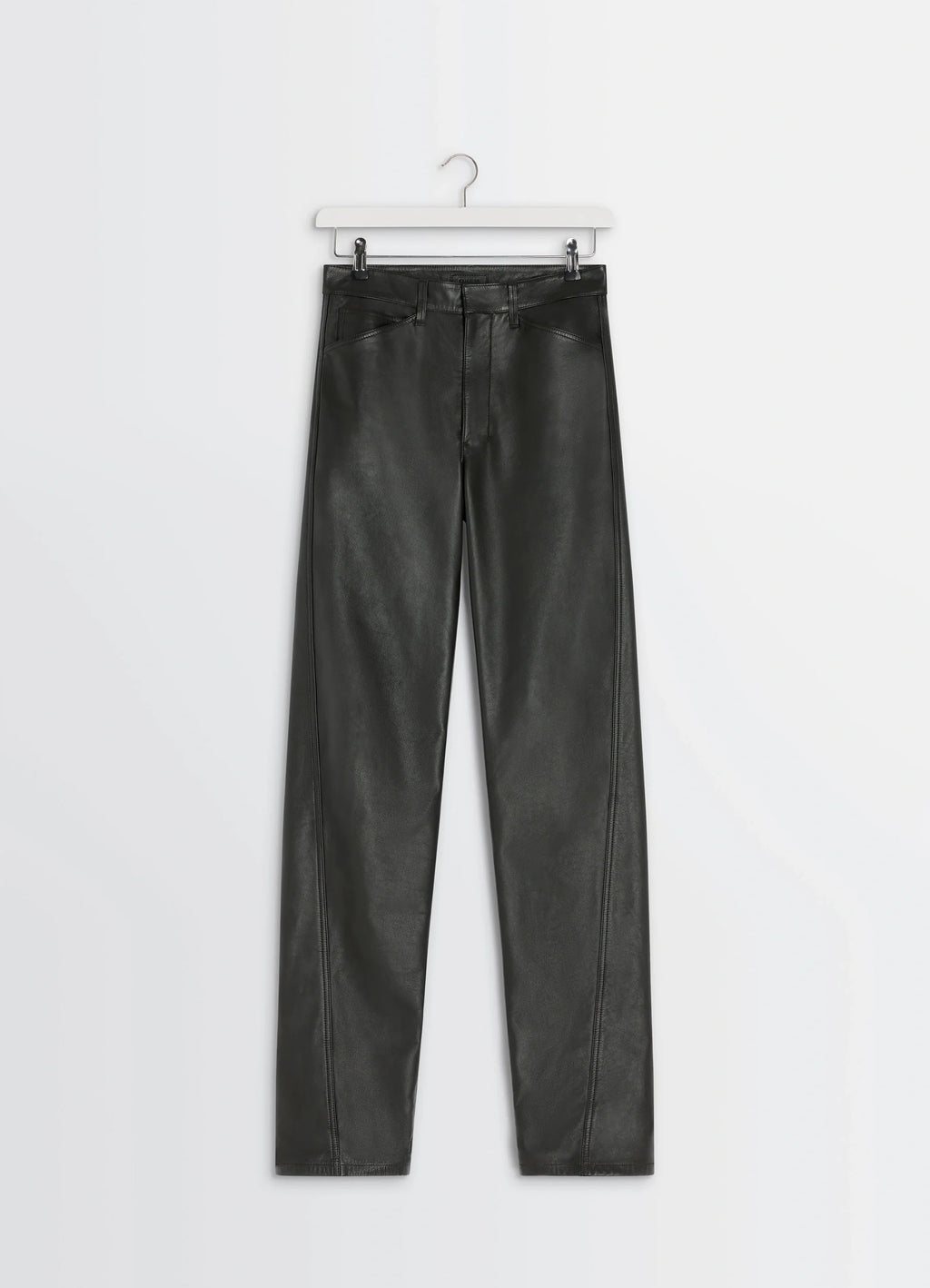 Lemaire Leather Five Pockets Twiste in Nappa cow leather, product shot, hanging display straight leg hanging