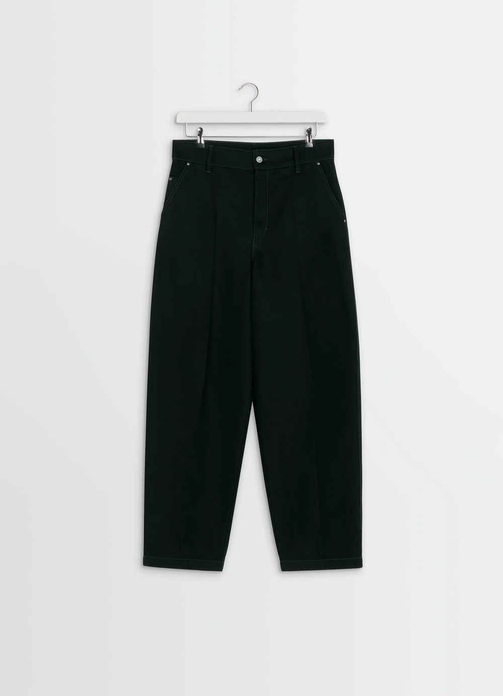 Lemaire Maxi Barrel Workwear Pants in Deep Black Thick Denim, product shot, top hang view pleated tapered leg