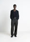 Lemaire Maxi Barrel Workwear Pants in Glossy Coated Denim, model shot, Front view Oversized barrel cut