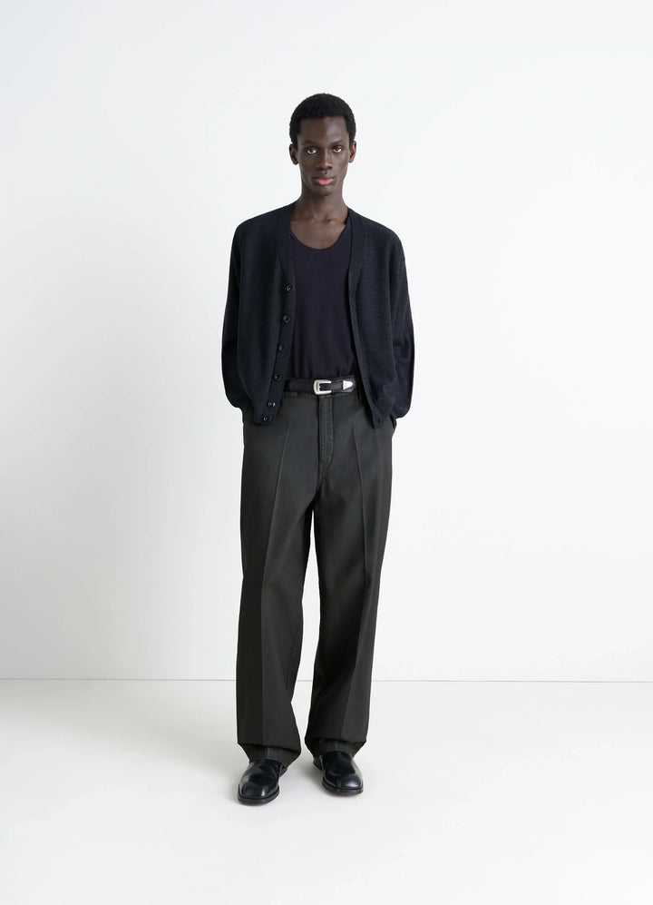 Lemaire Maxi Barrel Workwear Pants in Glossy Coated Denim, model shot, Front view Oversized barrel cut