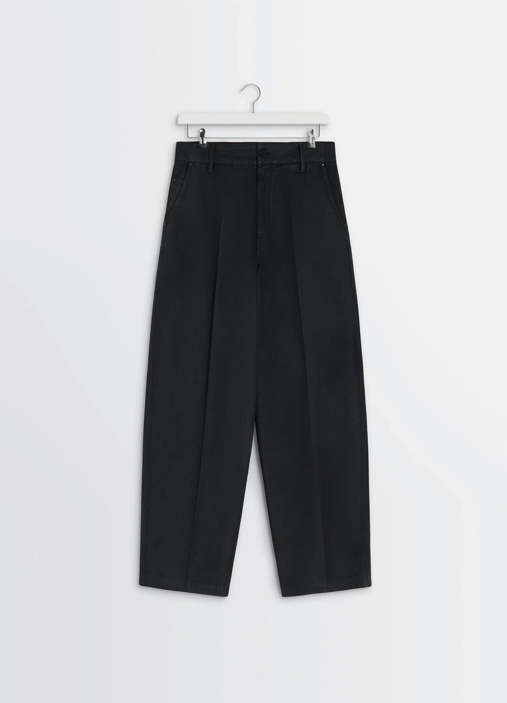 Lemaire Maxi Barrel Workwear Pants in Glossy Coated Denim, product shot, hanging display shot pleated front design