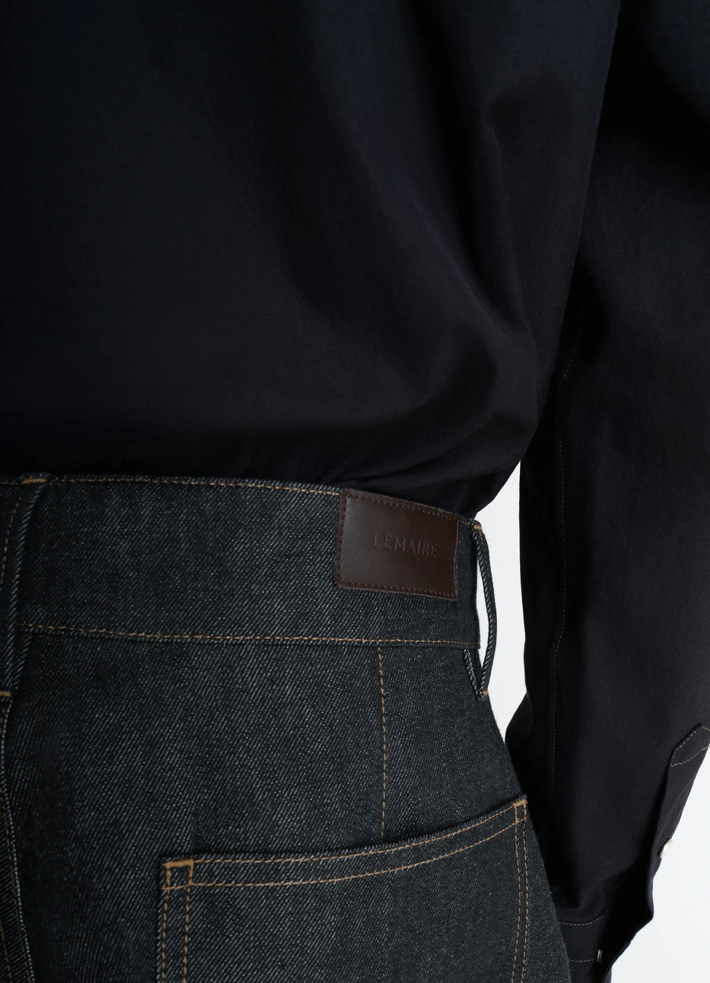 Lemaire Maxi Barrel Workwear Pants in Thick Yarn-Dyed Slate Denim, model shot, back detail shot stitched pocket label