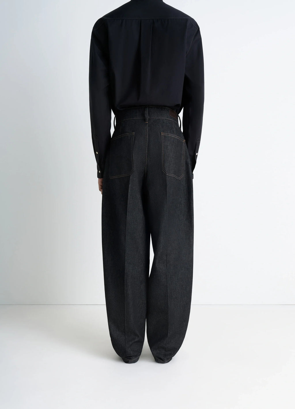 Lemaire Maxi Barrel Workwear Pants in Thick Yarn-Dyed Slate Denim, model shot, back view full length oversized wide leg fit