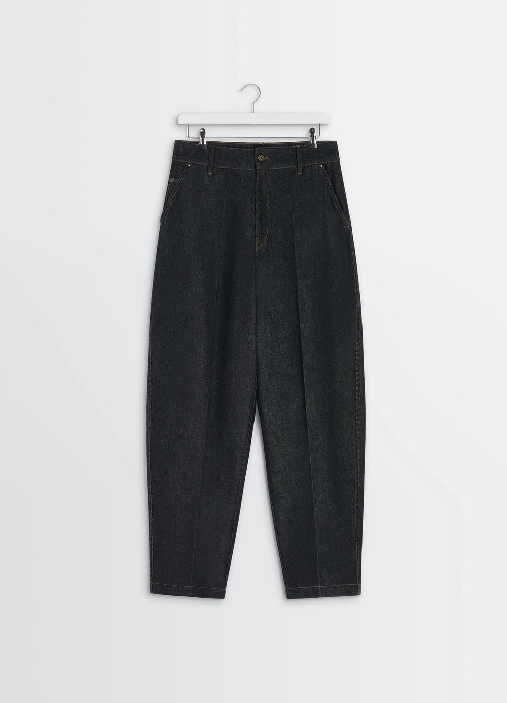 Lemaire Maxi Barrel Workwear Pants in Thick Yarn-Dyed Slate Denim, product shot, hanging front view pleated front and high wa