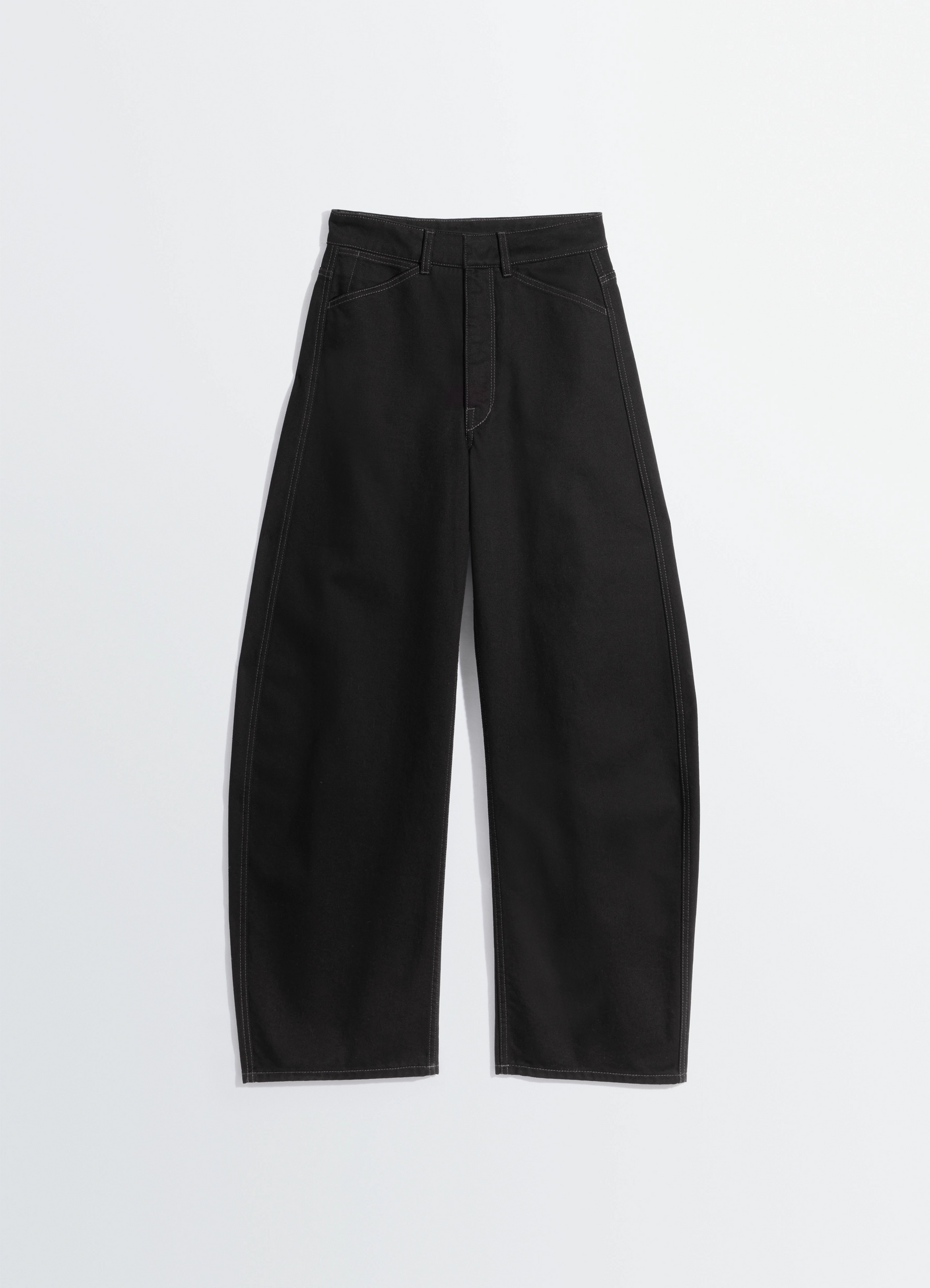 High waisted curved pants in denim, product shot, front view wide leg